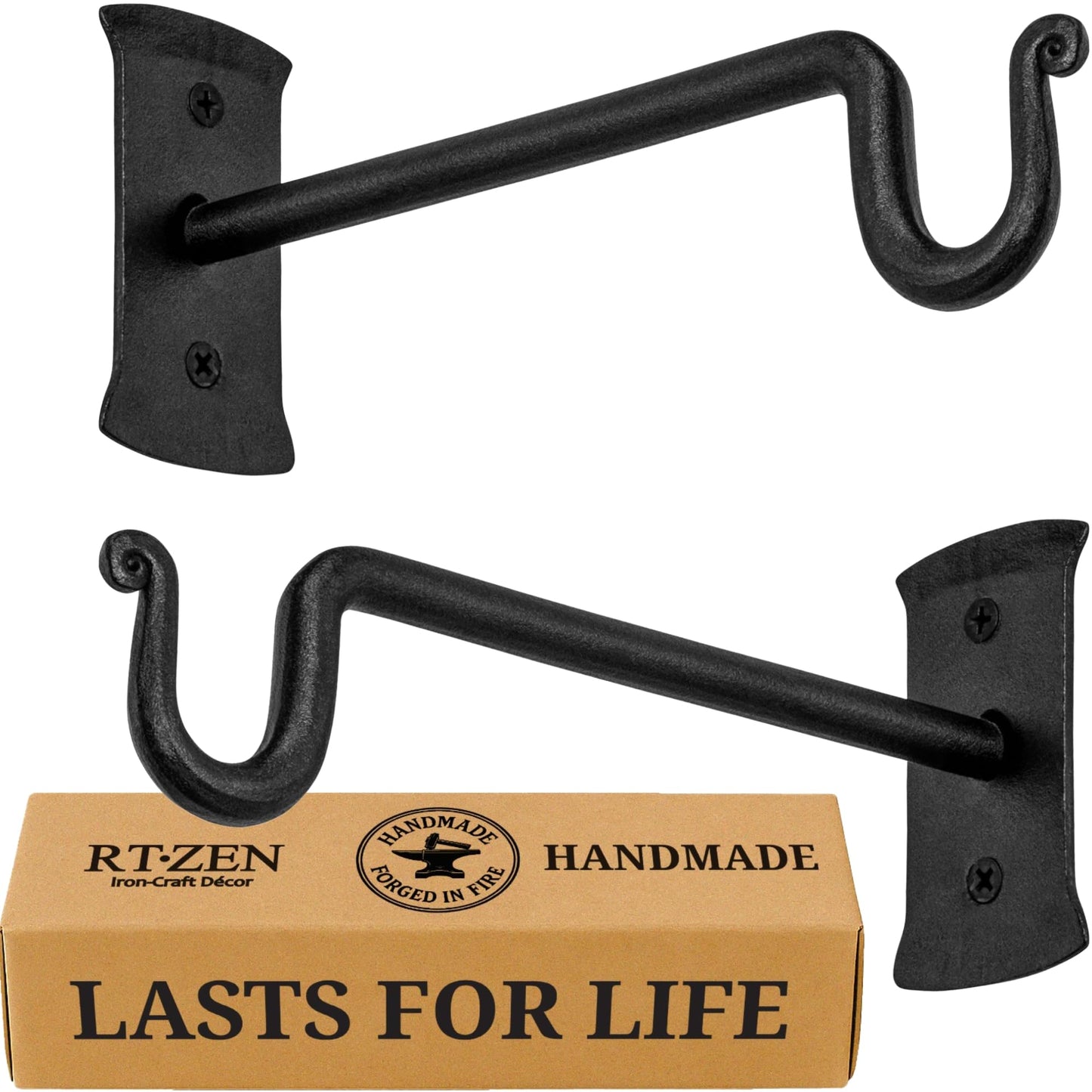RTZEN Plant Hanger Shepards Hook - Hand Forged Heavy Duty Wrought Iron Wall Decor - Indoor or Outdoor Shepherds Hook Hanging Bracket for Bird Feeders Lanterns Baskets and Wind Chimes - 2 Pack