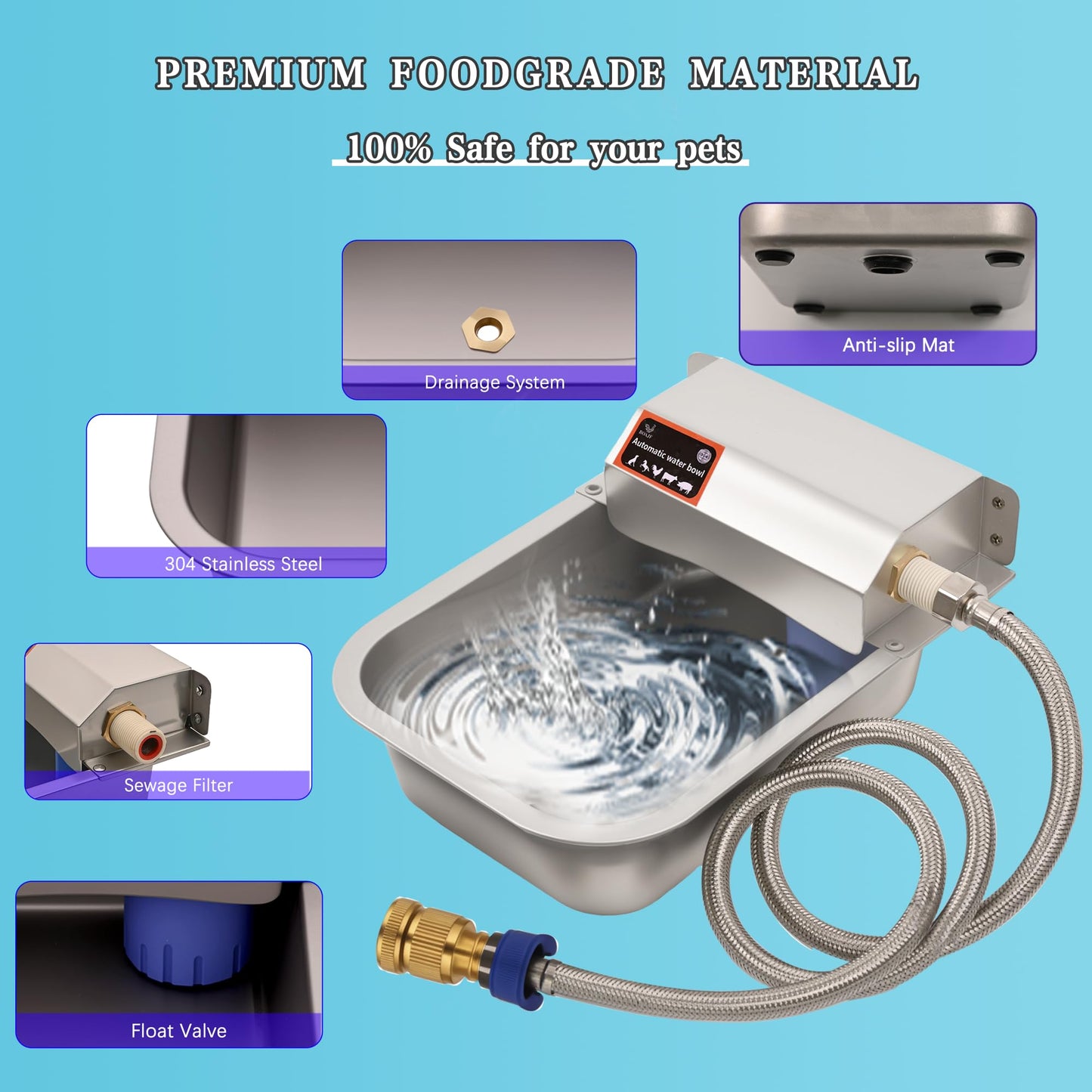 Boajf Automatic Dog Water Bowl, with Drainage System, Stainless Steel Auto Pet Waterer for Outdoor Yard, Includes Drain Valve, Float Valve, Hose Quick Connector, for Small Animal (1 Quart)