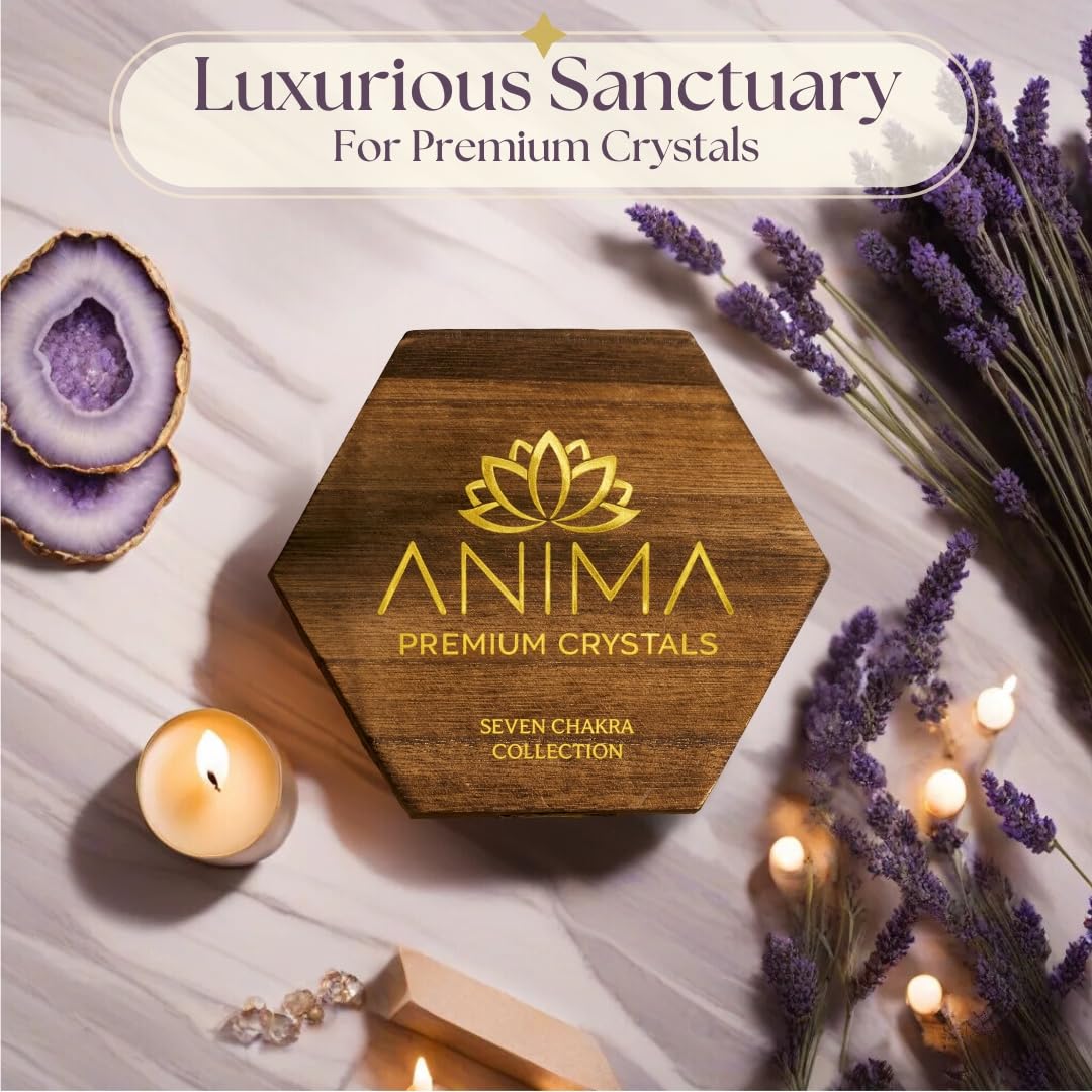 Anima Premium 7 Chakra Healing Crystals Set for Energy Alignment - Large Raw Amethyst, Rose Quartz, Citrine, Lapis Lazuli, Clear Quartz, Tigers Eye & Red Jasper - Wooden Gift Box & Guidebook Included