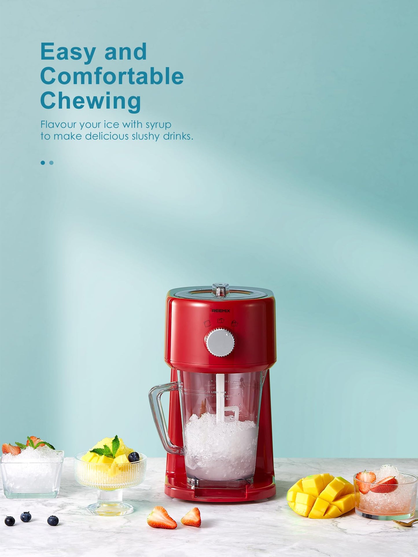 Reemix Shaved Ice Machine, Electric Ice Shaver and Snow Cone Machine with Large Capacity Storage, Portable Ice Crusher Ice Thickness Can be Adjusted (Red)