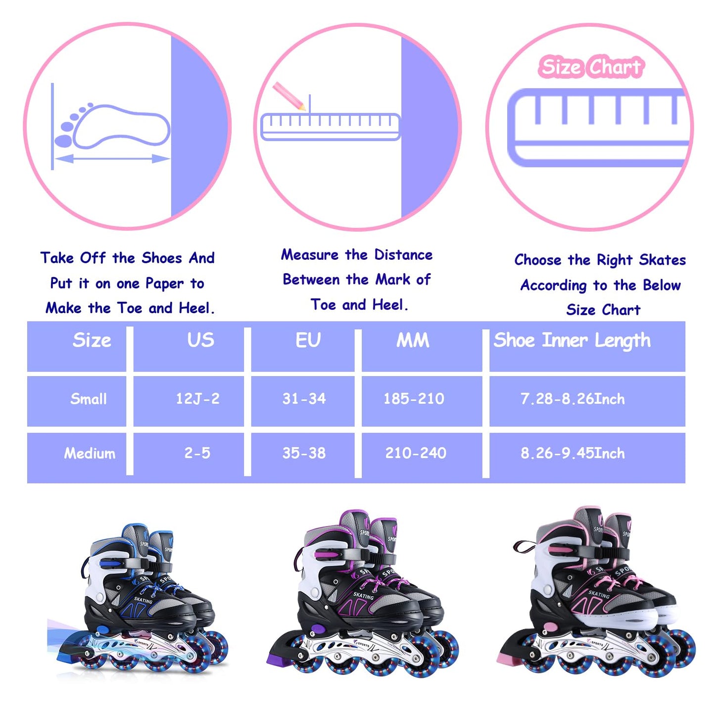 Inline Skates for Kids Girls Boys Beginners, 4 Size Adjustable Size with Light Up Wheels for Children. (Blue, Small(12J-2))