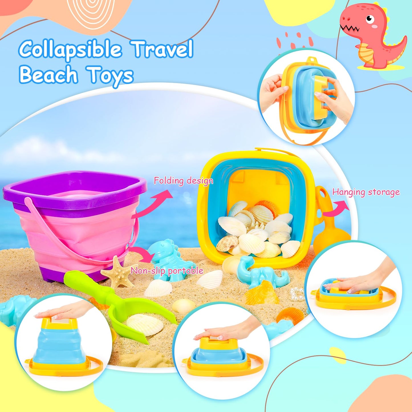 NINAOR Beach Toys for Kids,19 Pcs Collapsible Sand Toys Bucket Tools for Sandbox Camping Travel Foldable Bucket Outdoor Toys