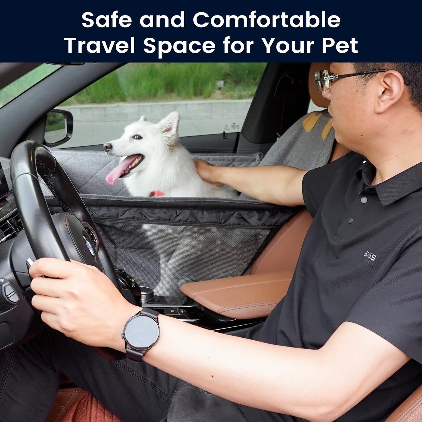 Dog Car Seat for Small/Medium Dogs with Central Console and Door Protection – Full Coverage Pet Booster Seat with Mesh Window, Zippered Side Flaps, Safety Buckle, Machine Washable, Grey Linen Fabric