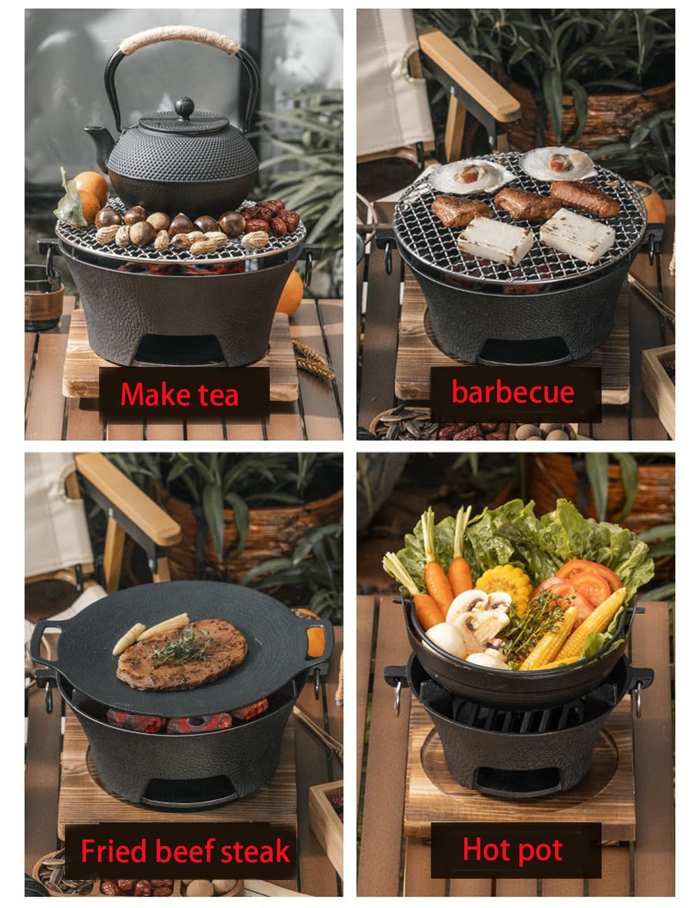 Round Seasoned Cast Iron Charcoal Hibachi Grill for Outdoor Barbecue