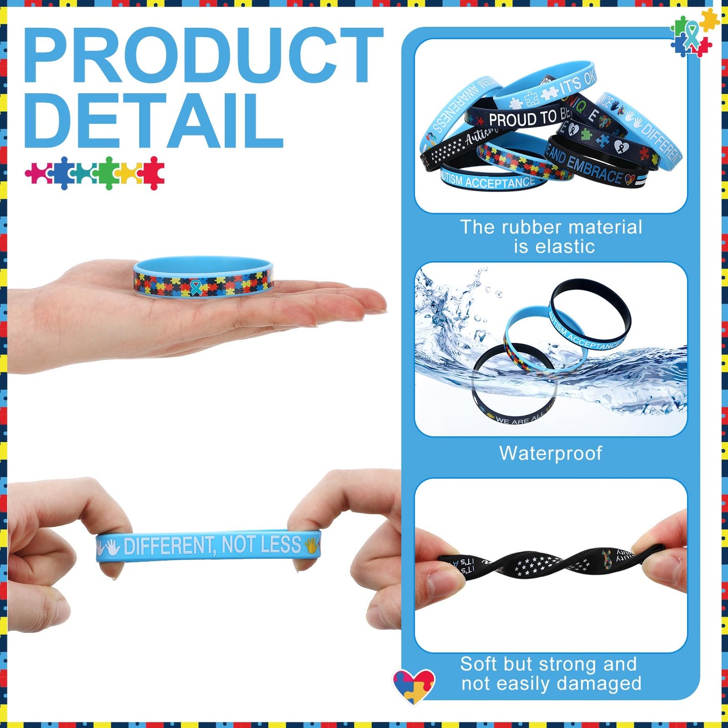 Syhood 200 Pcs Autism Awareness Bracelet Inspirational Autism Silicone Bracelets Colorful Puzzle Pieces Silicone Wristbands for Adult Gifts