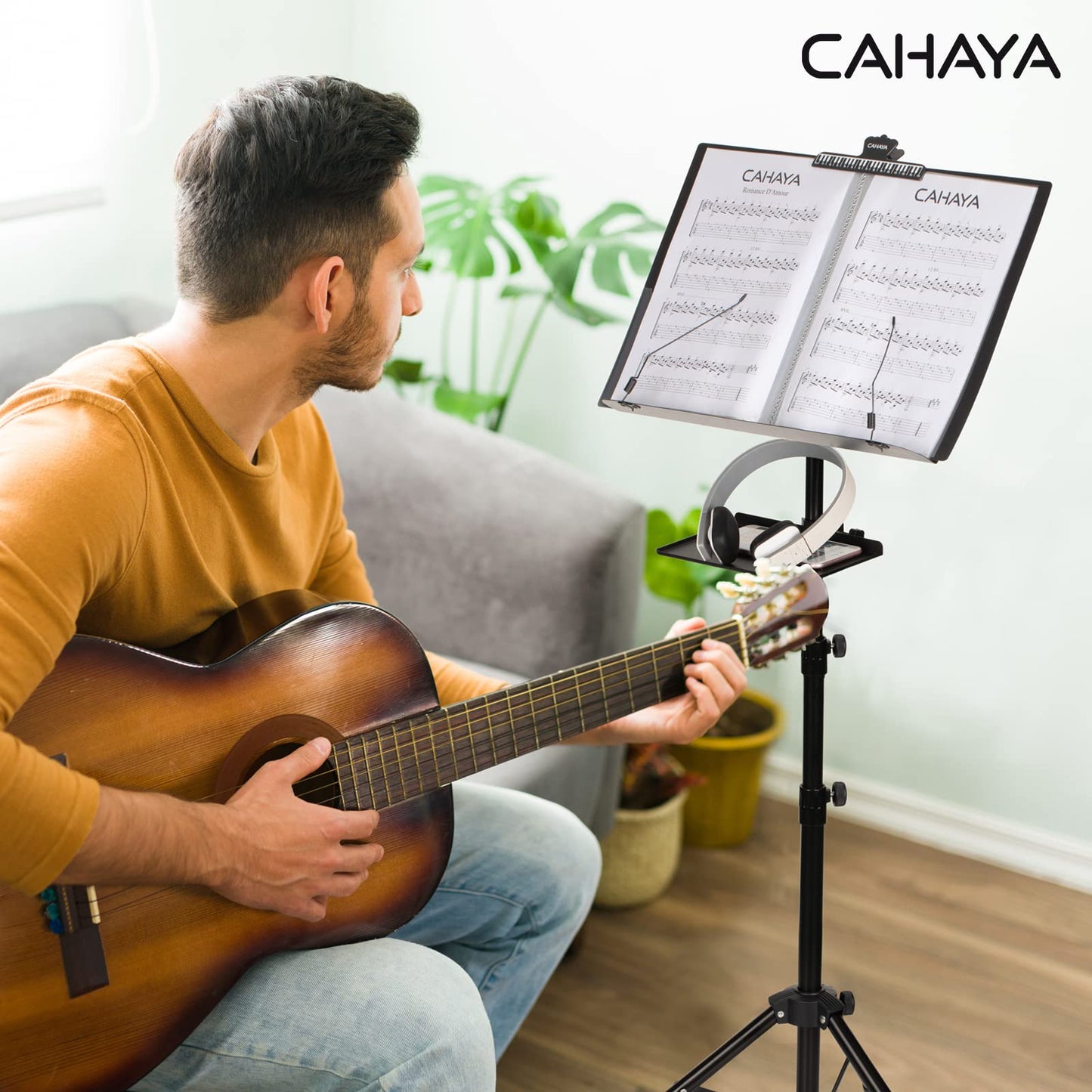 CAHAYA Dual Use Sheet Music Stand with Clamp-on Tray & Desktop Book Stand Including Music Stand with Shelf, Sheet Music Folder, Carrying Bag,and Clip for Guitar, Ukulele, Violin Players CY0194+CY0320