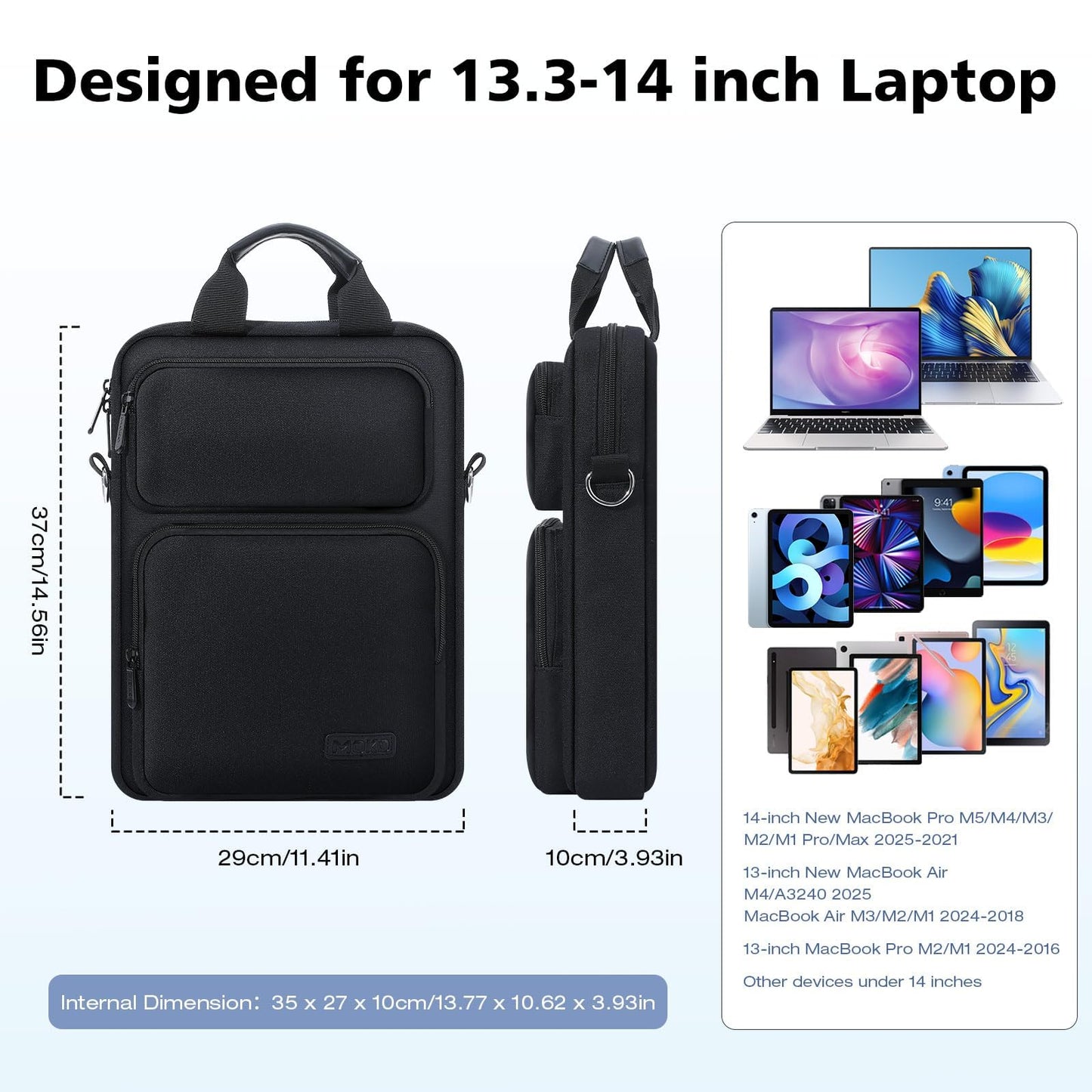 MoKo 13.3-14 inch Laptop Sleeve Bag for New 13-inch Mac Air/Pro M4, 14" Mac Pro M3/M2/M1, 13" MacAir M3/M2/M1, Carrying Case with Multi-Pockets & Removable Shoulder Strap, Black