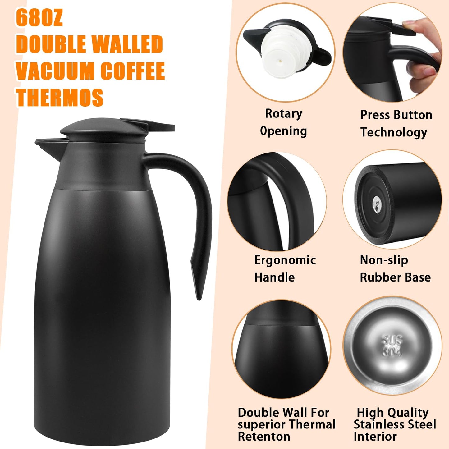 2 Pcs 68 oz Thermal Coffee Carafe Insulated Stainless Steel Coffee Carafe for Hot Liquids Vacuum Thermal Pot Creamer Carafe Dispenser with Brushes Keeping Hot 12 Hours (Silver, Black)