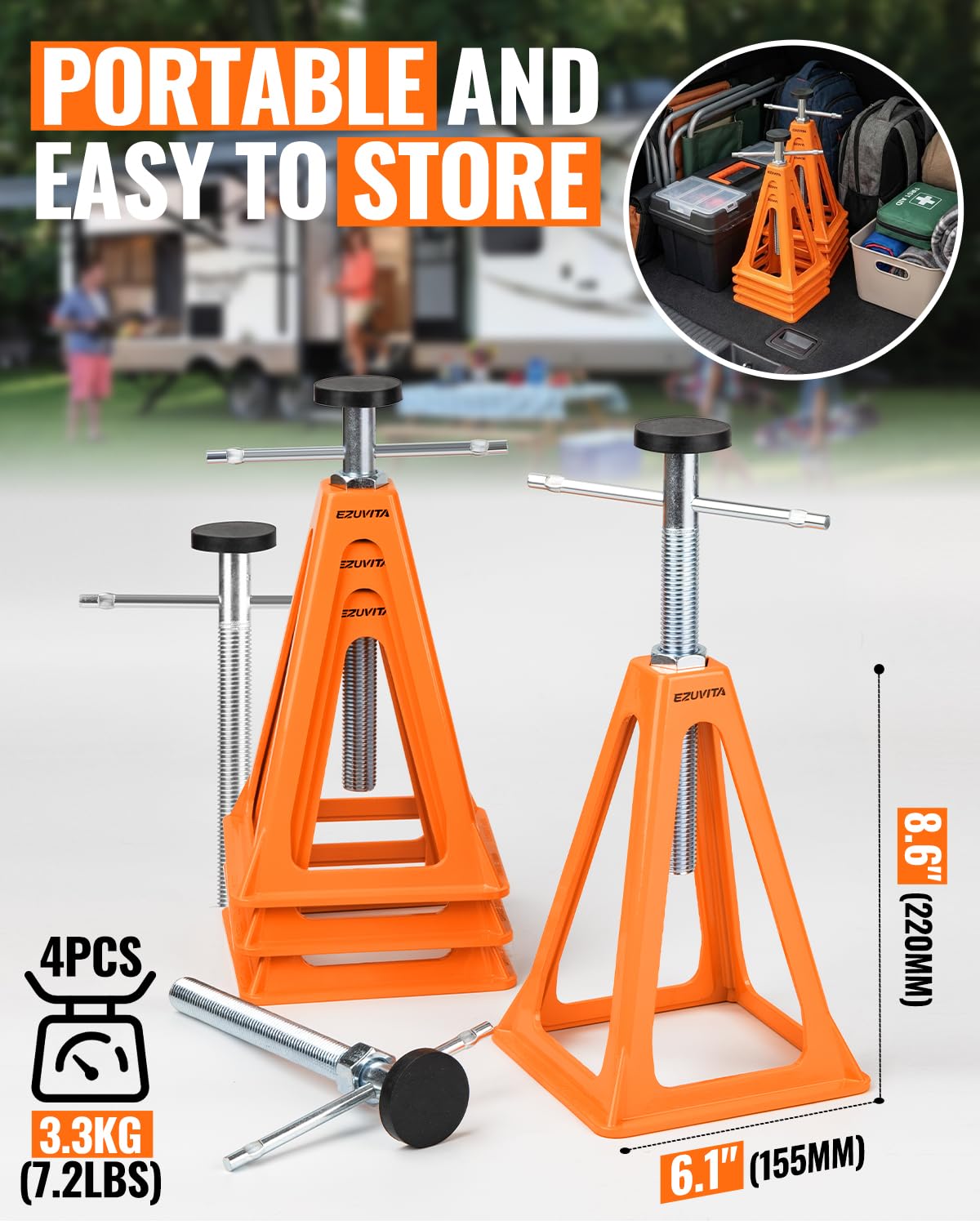 EZUVITA4-Pack RV Stabilizer Jacks – Each Supports Up to 7500 Lbs, Adjustable 11"–17", Heavy Duty Aluminum with Spare Nuts, Rubber Pads & Gloves for Travel Trailer Camper, Motorhome
