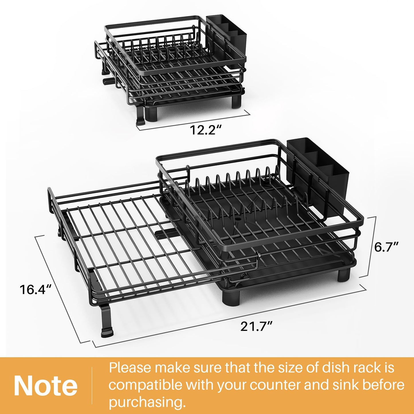 Dish Rack - Extendable Dish Rack, Large Sink Drying Rack for Countertop, Stainless Steel Dish Strainer with Utensil Holder (Black)