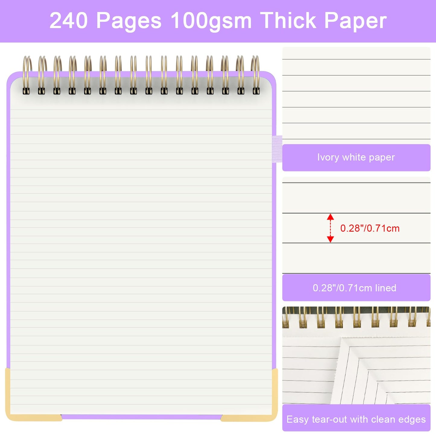Top Spiral Notebook, A4 Hardcover Top Bound Steno Pads, 240 Pages 100gsm College Ruled Left Handed Notebook Journal for Work, School, Meeting Writing - Purple, 8.5" x 11"