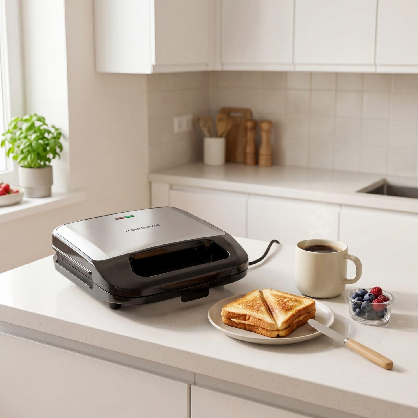 KEINVE 3 in 1 Sandwich Maker & Waffle Maker, Removable Non-Stick Plates, Panini Press, Grilled Cheese Maker, Cool-Touch Handle, LED Light, Easy Clean, 750W, for Home Kitchen Breakfast