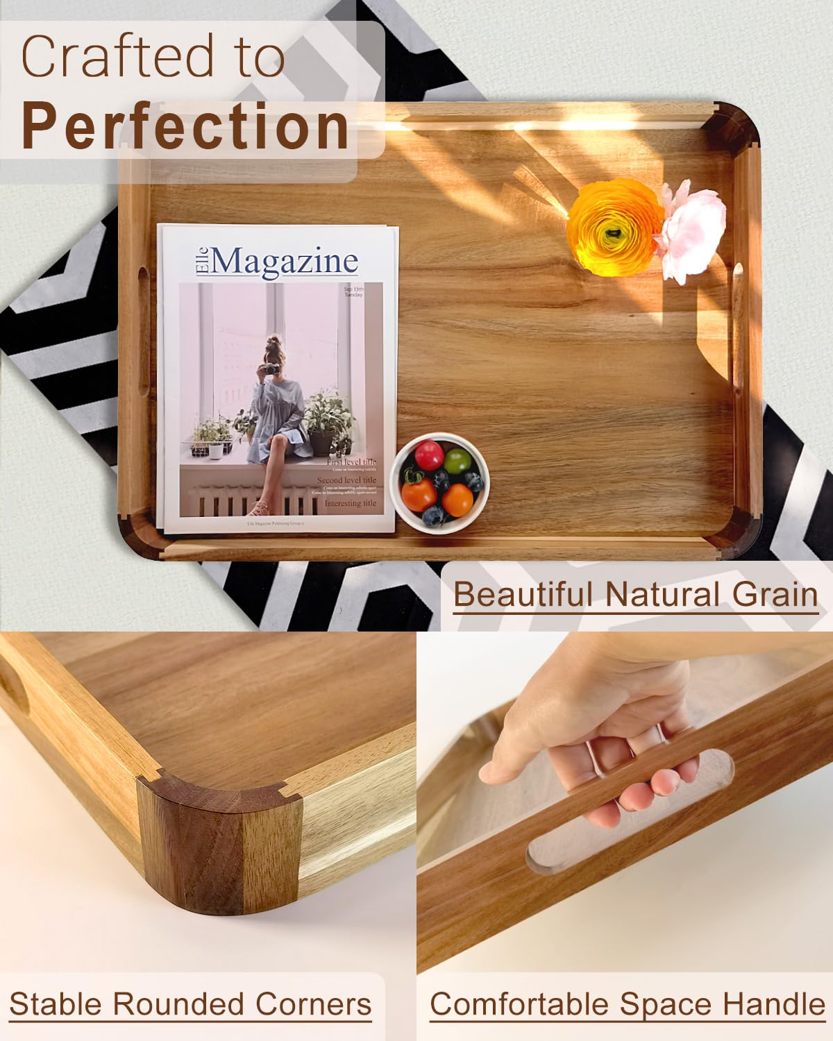 OurMiao 22 Inches Acacia Wood Serving Tray with Handles, Large Wooden Rectangle Ottoman Tray, Nice Home Decor for Living Room Coffee Table Couch, Ideal Size for Serving Food Breakfast BBQ Party