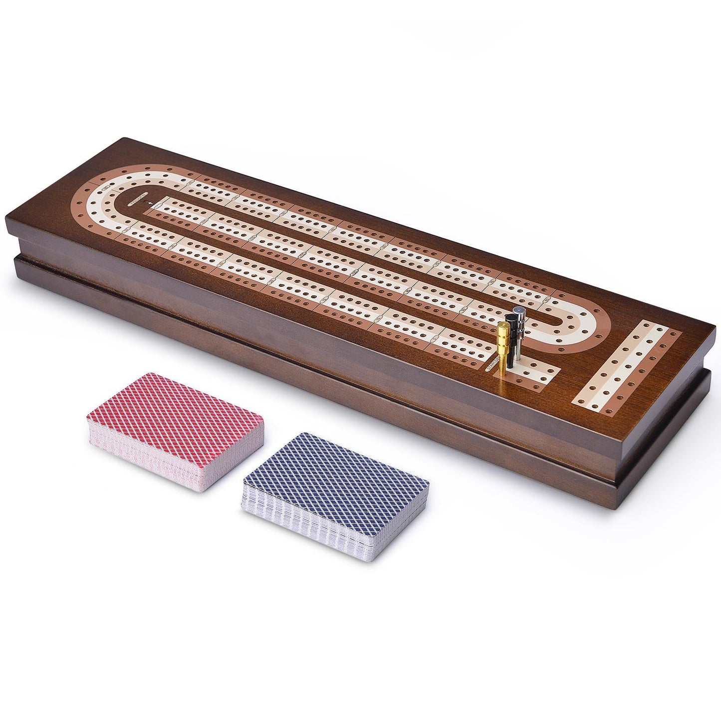AMEROUS Wooden Cribbage Board Game Set with Magnetic Lock - Metal Pegs - 2 Playing Cards - Continuous 3 Track Board - Larger Storage Area - Instructions, Travel Portable Cribbage Game Sets for Family