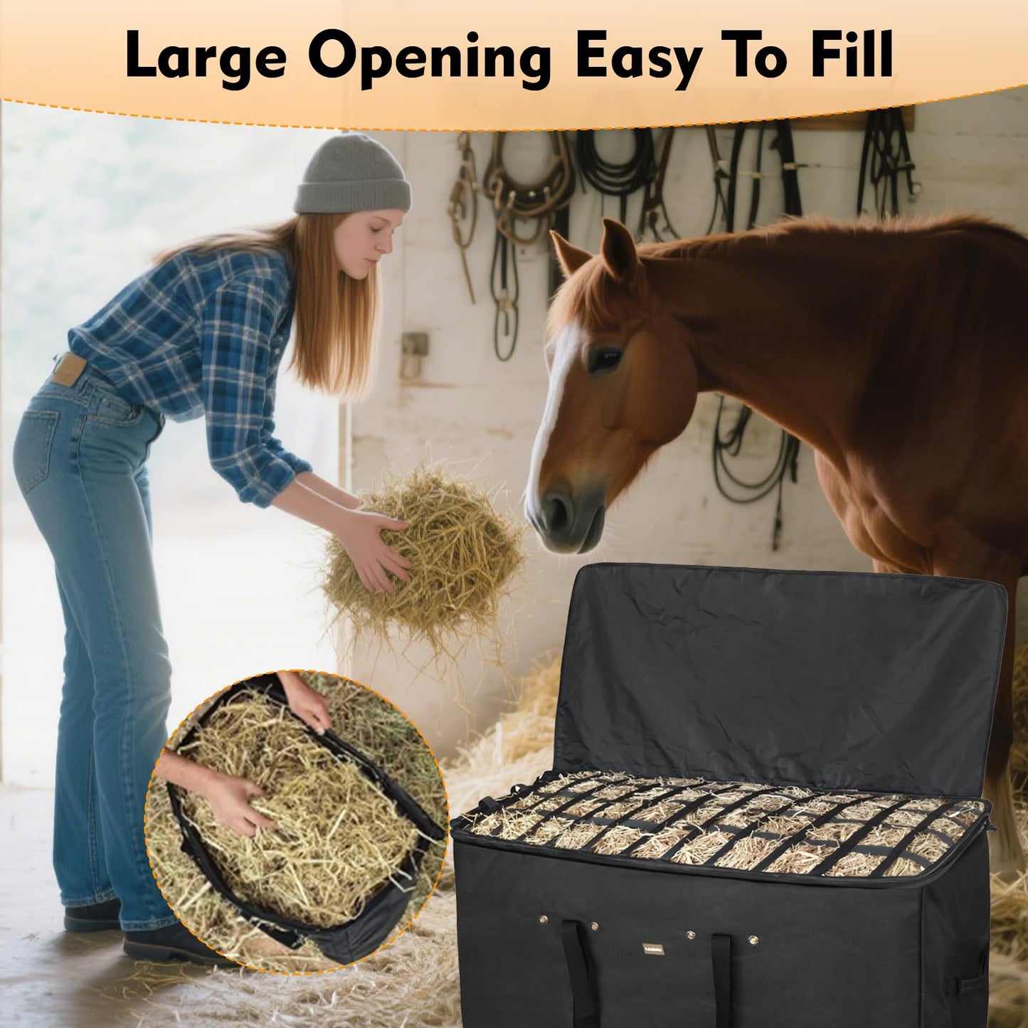 ASRJKIE Hay Bags for Horses, Hay Bale Bag 44x18x22inch Extra Large Top Slow Feed Design, Premium Oxford Heavy Duty Hay Bale Storage Bag for Barn Stable, Horses Sheep Donkey Goats