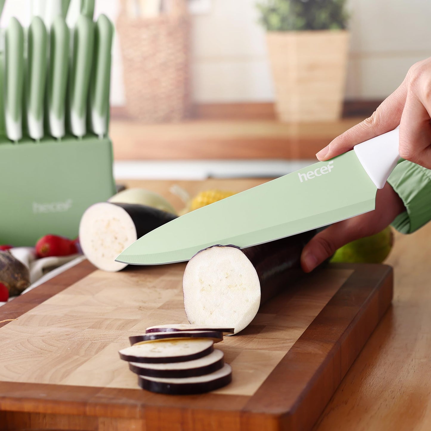 hecef 13 Pieces Kitchen Knife Set with Built-in Sharpening Wooden Block, High Carbon Stainless Steel Knife Block Set with Steak Knives, Kitchen Scissors (Green)