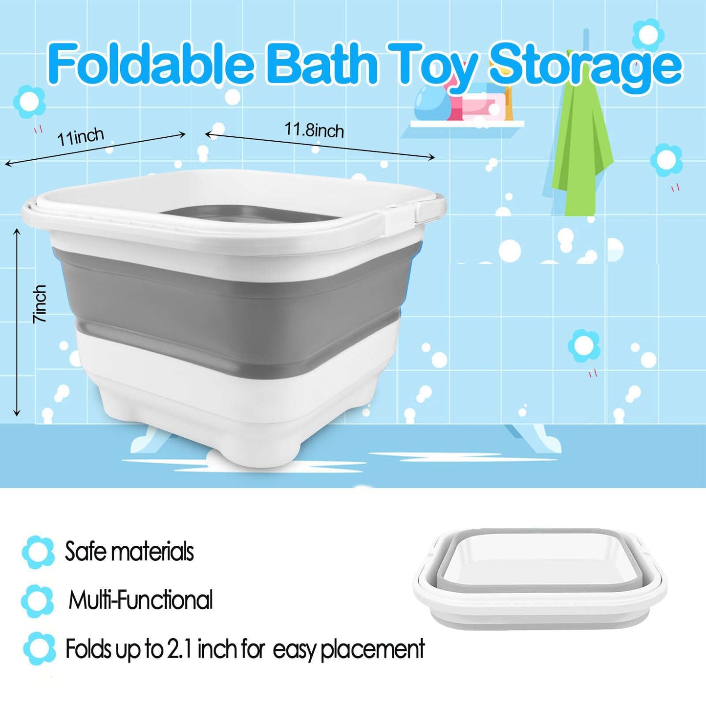 Bath Toy Storage Organizer - Foldable Bath Toy Holder for Bathtub, Bathtub Toy Storage with Removable Drying Base, Bathroom Toy Storage with 2 Hooks