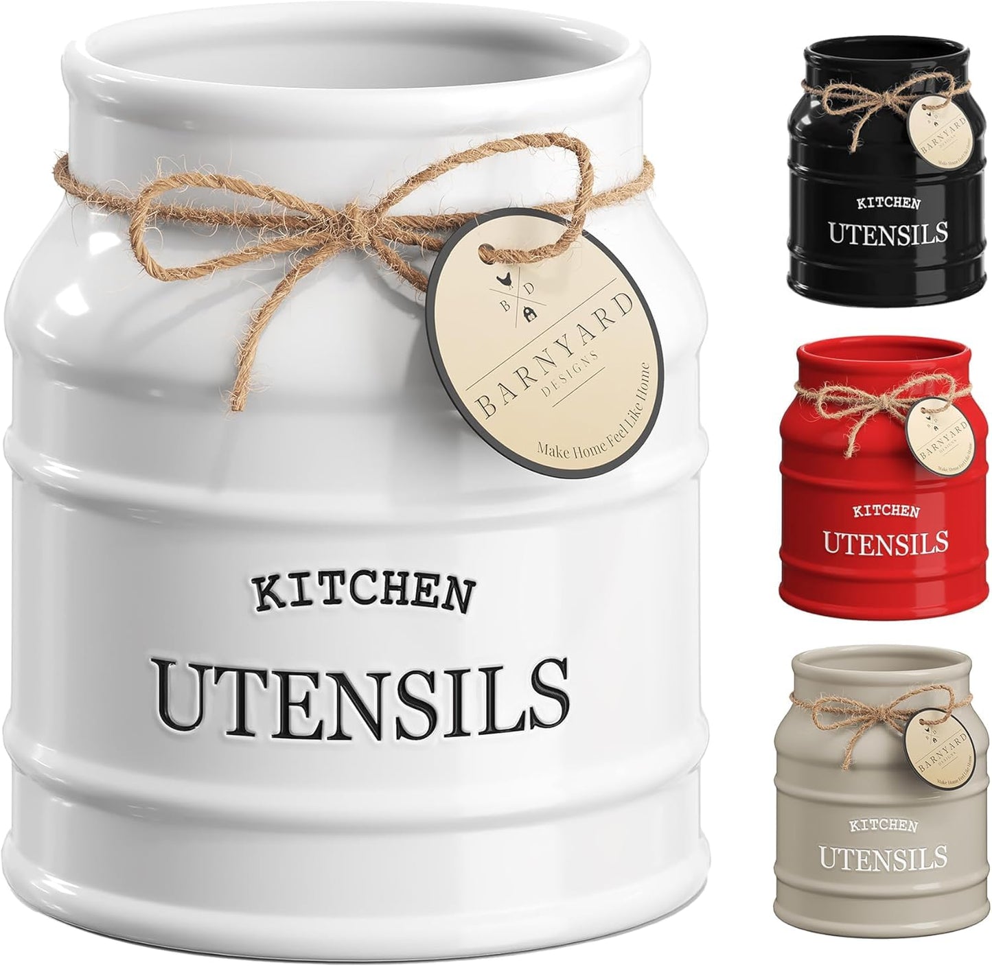 Barnyard Designs Ceramic Utensil Crock Holder for Kitchen Counter, Rustic Farmhouse Countertop Decor, French Country Organizer for Cooking Utensils, Spatulas and Mixing Spoons (White)