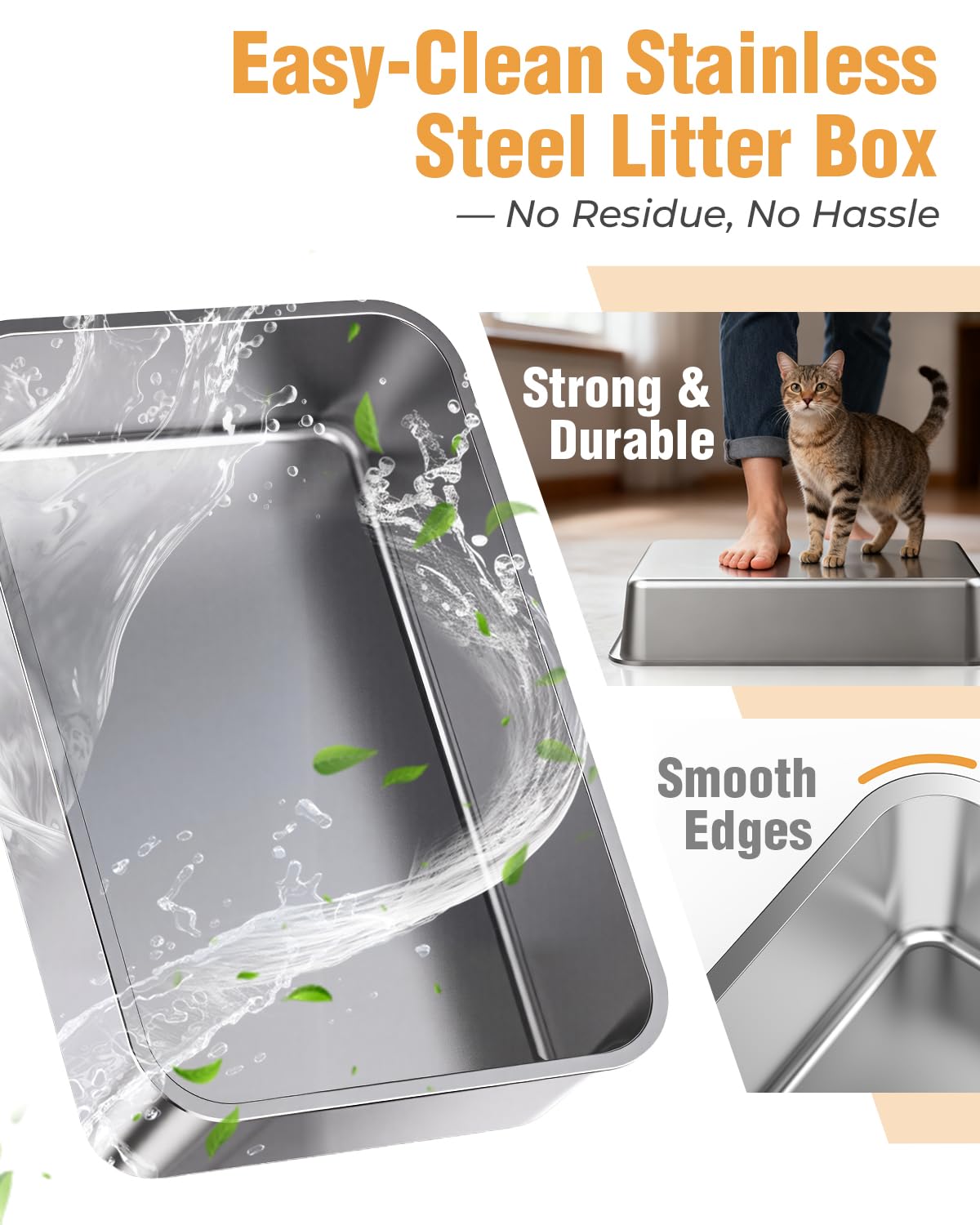 OROLEY Stainless Steel cat Litter Box, Extra Large Size for Big Cats, high-Sided Metal Tray, Leak-Proof, Odor-Resistant, Easy to Clean, Includes Raised Platform and Scoop.