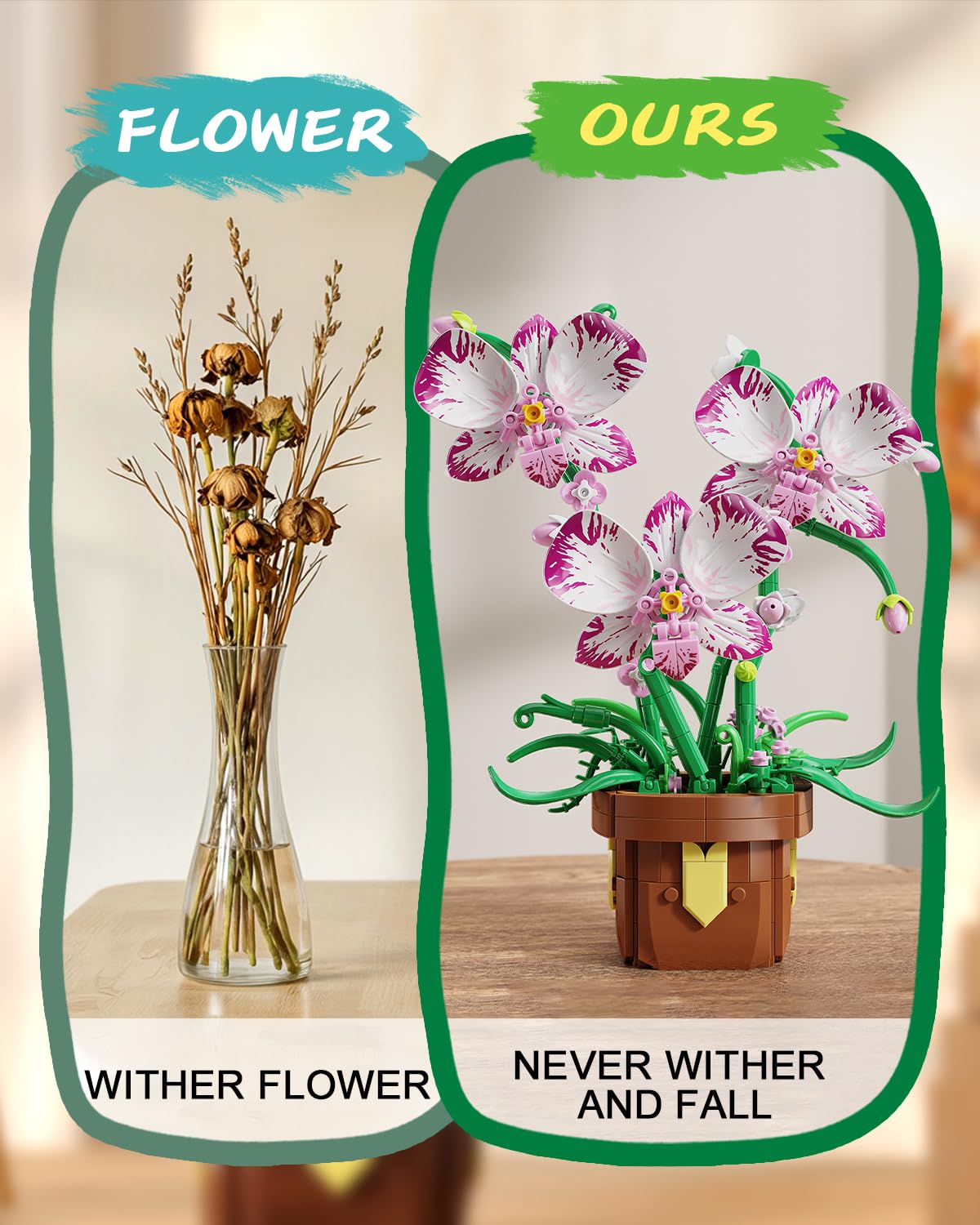 Flowers Botanicals Orchid Building Set - Artificial Flower Building Blocks for Adult Women, Bonsai Plants Indoor Home Office Desk Decor Christmas Birthday Gift for Adults Kids Girls 6-12 (323 PCS)