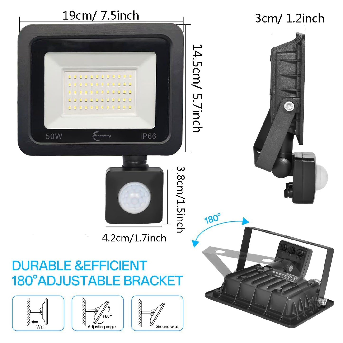HANNAHONG 50W LED Motion Sensor Flood Lights with Plug in, PIR Slim Design Lamp,6500K Daylight, Outdoor IP66 Waterproof,Auto ON/Off Intelligent Security,Work Light for Garage Yard Patio Pathway Porch