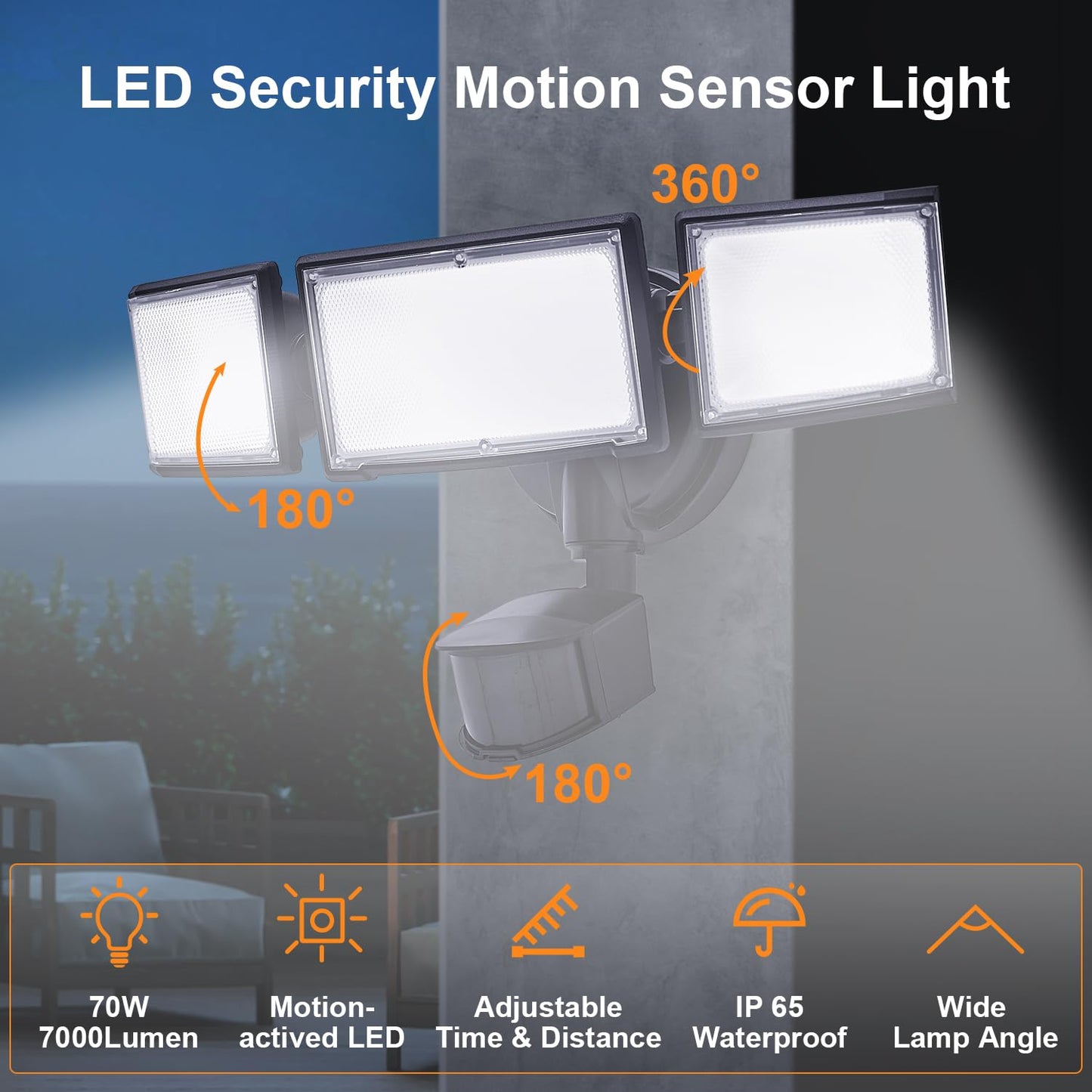CELAVY 70W LED Security Lights with Motion Sensor Outdoor, 7000 Lumen Super Bright, 3000K/5000K Light, IP65 Waterproof, Dusk to Dawn, 3 Heads Motion Detected Flood Light Garage Yard Porch (Black)
