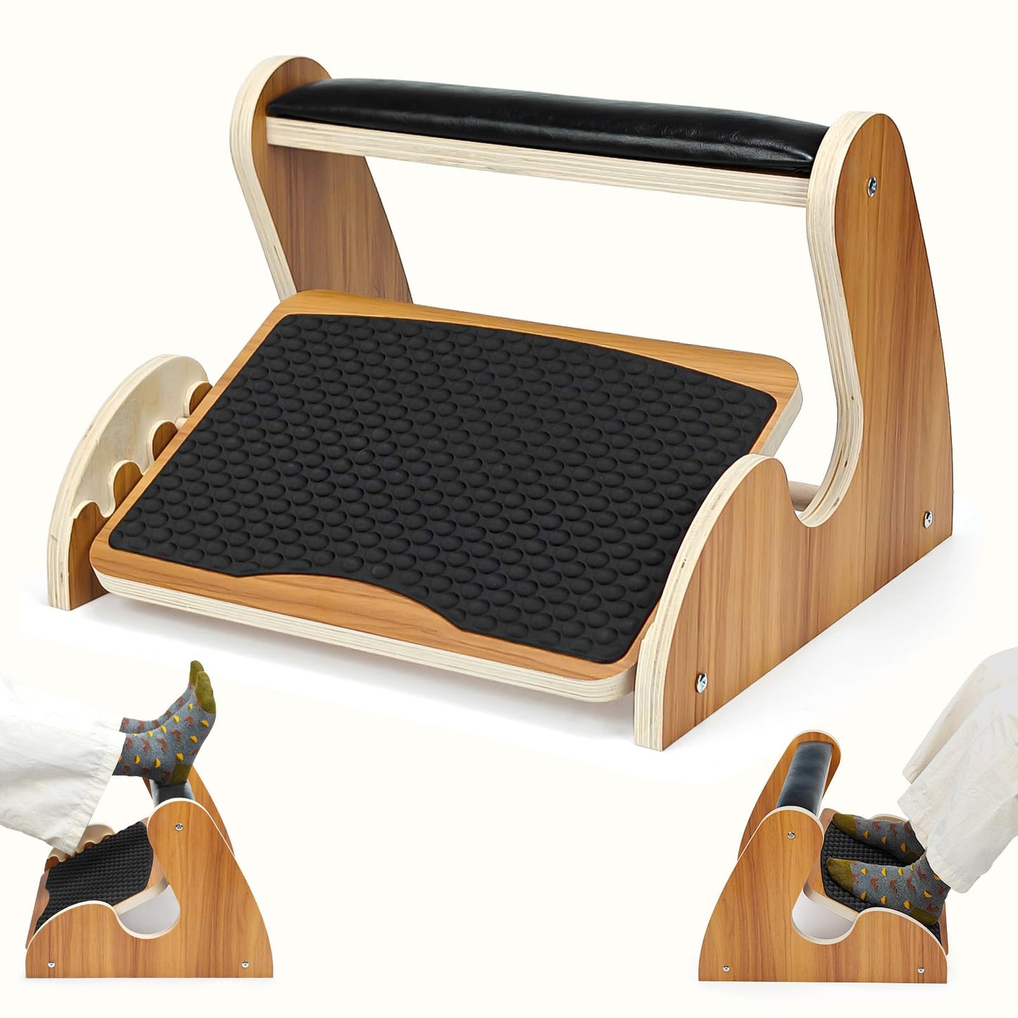 Dual-Layer Wooden Foot Rest Under Desk – Rocking Massage Pad & Cushioned Top, Ergonomic Foot Stool