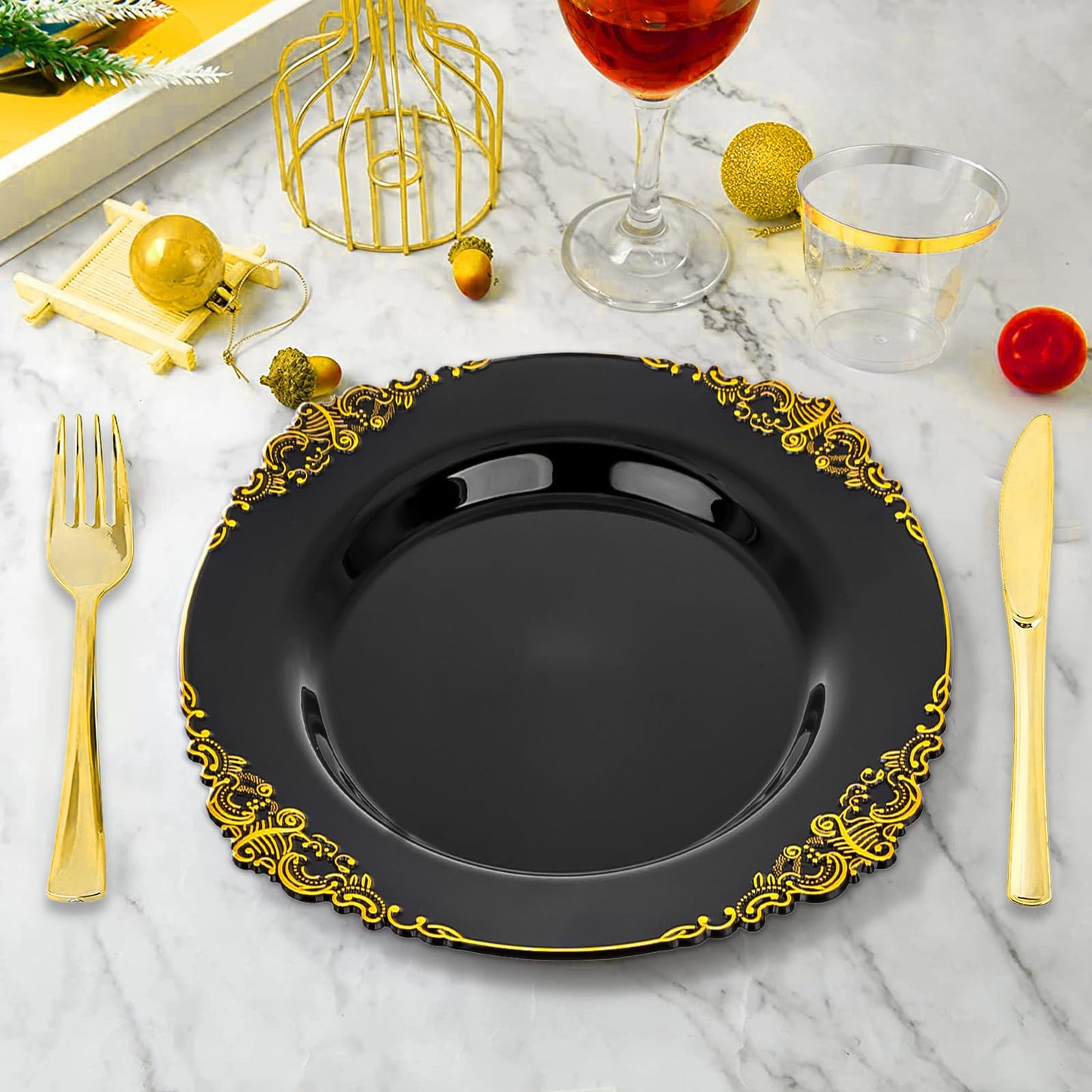 211 Piece Plastic Plates with Gold Trim, Fancy Disposable Dinnerware Set Include Dinner Plates, Dessert Plates, Cups, Napkins, Silverware and Tablecloth for Party Wedding Halloween, 30 Guests