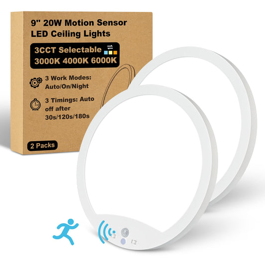 20W 9Inch Motion Sensor LED Ceiling Lights Indoor Hard-wired, Adjustable Color Temperature 3000K 4000K 6000K, Motion Activated Flush Mount Light Fixtures with 3 Light Modes for Closet Hallway, 2 Packs