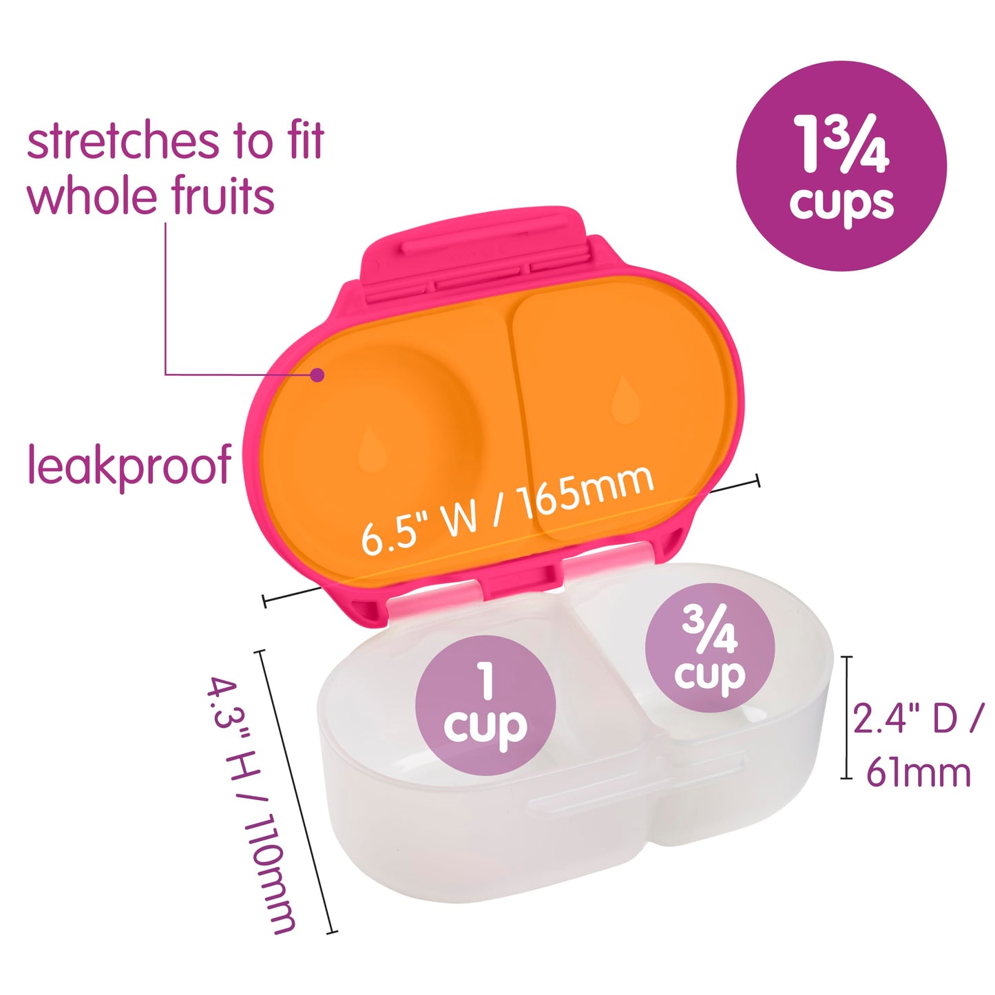 b.box Snack Box (2-Pack) for Kids & Toddlers: 2 Compartment Snack Containers, Mini Bento Lunch Box. Leak Proof, BPA Free, Dishwasher Safe. Ages 4 Months+ (Strawberry Shake + Lilac pop, 12oz Capacity)