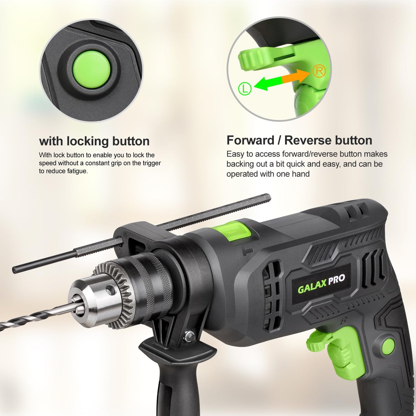 GALAX PRO 4.5Amp 0-3000RPM Corded Hammer Drill, 5pcs Bit, Hammer and Drill 2 Functions in 1 with 12 Variable Speed, 1/2 Inch Keyed Metal Chuck, 360°Rotating Handle