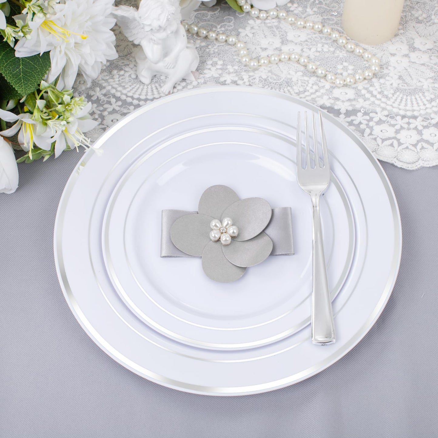 I00000 300 Pieces Silver Plastic Plates with Disposable Silverware, Fancy Tableware Sets Include 60 Dinner Plates 10.25", 60 Salad Plates 7.5", 60 Forks, 60 Knives and 60 Spoons Serve for 60 Guest
