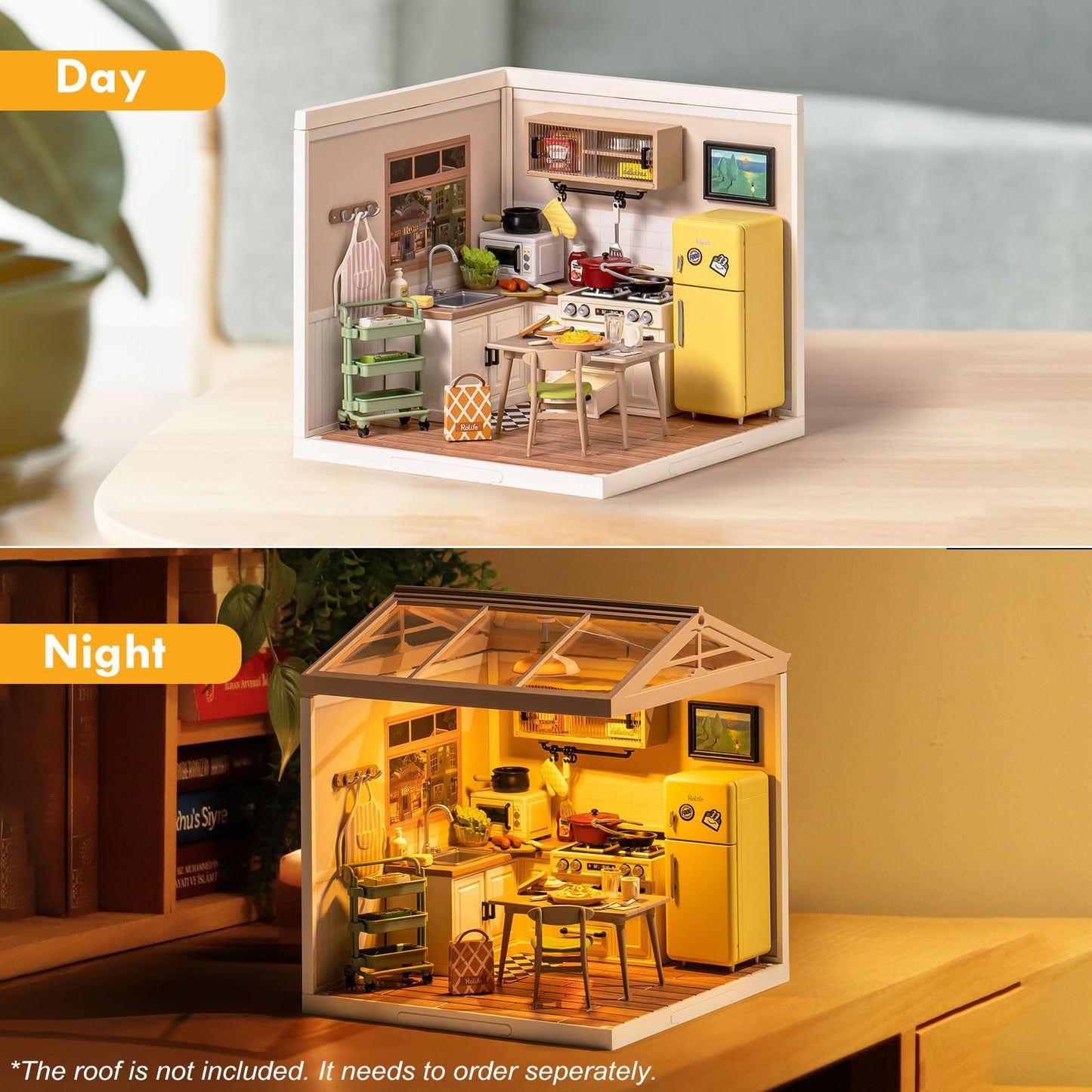 Rolife DIY Miniature Plastic House Building Set Toys Playset with LED Suitable for Mini Figures Construction Toys Diorama Kit Gifts for Adults (Happy Meals Kitchen)