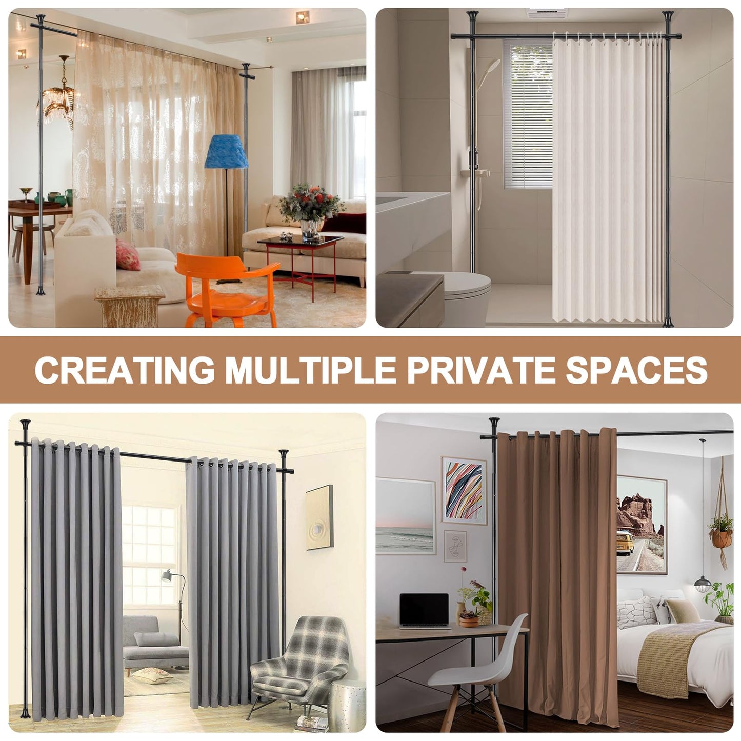 Room Divider Rod, Curtain Rod No Drilling Partition Room Dividers Tension Rod, 4-10ft (H) 48-72inch(W) Floor to Ceiling Room Black