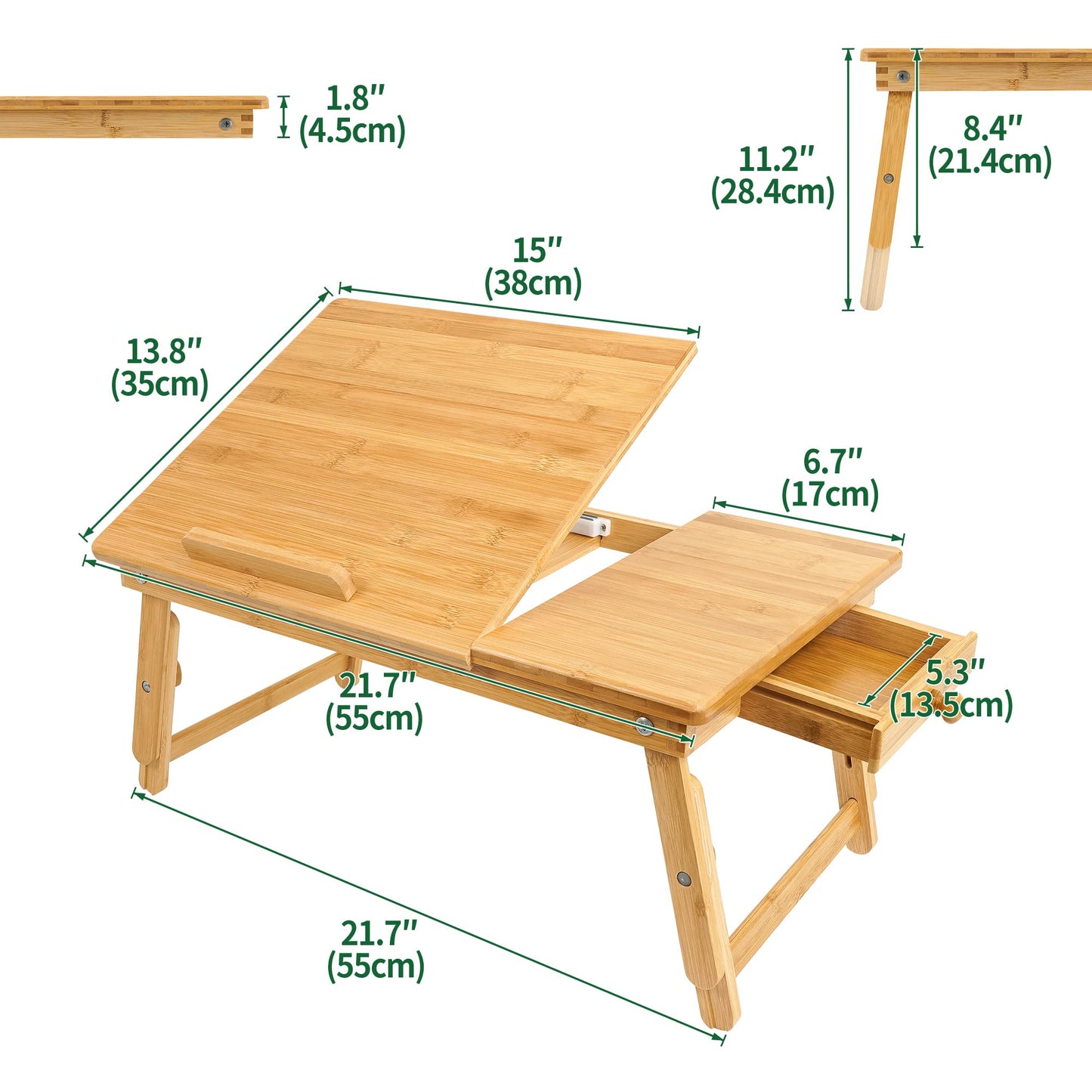 Utoplike Bamboo Laptop Desk for Bed, Tilting Top Bed Serving Tray, Breakfast Table Ajustable Height, Fodable Legs, Storage Drawer, Lap Stand for Reading, Writing, Eating