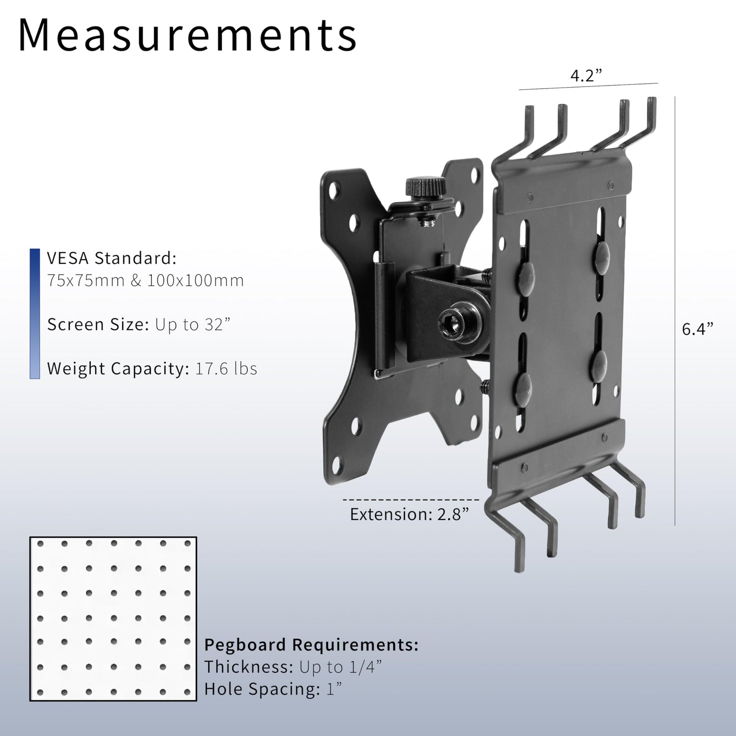 VIVO Articulating Single Monitor Pegboard Mount, Fits Screens up to 32 inches and Peg Boards up to 0.25 inches Thick with 1 inch Hole Spacing, Black, Mount-PB1