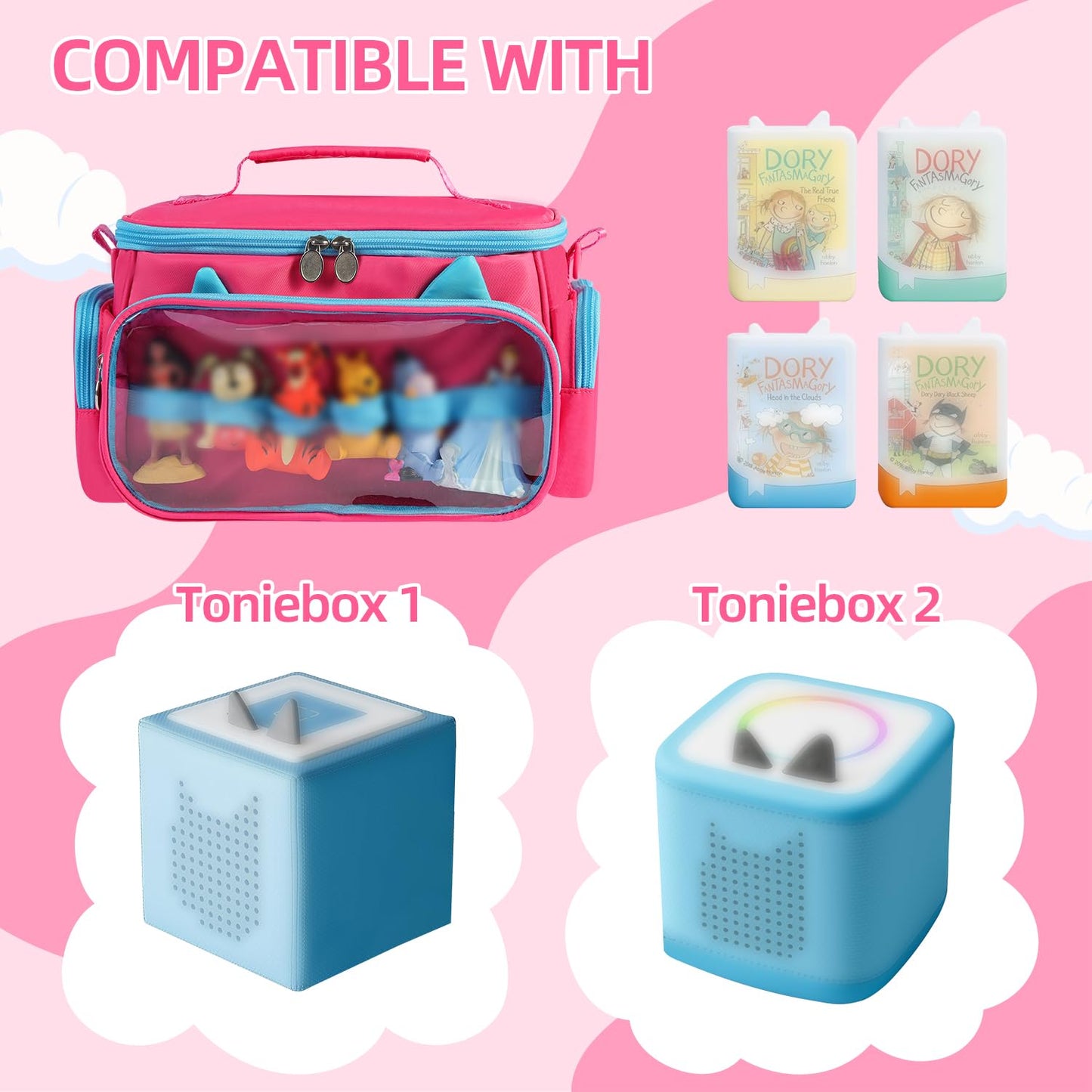 Ottkids Carrying Case for Toniebox Starter Set and Tonies Figurines,Cute Carrying Bag for Tonies Headphones & Accessories,Portable Travel Storage Bag with Shoulder Strap and Handle(Rose)
