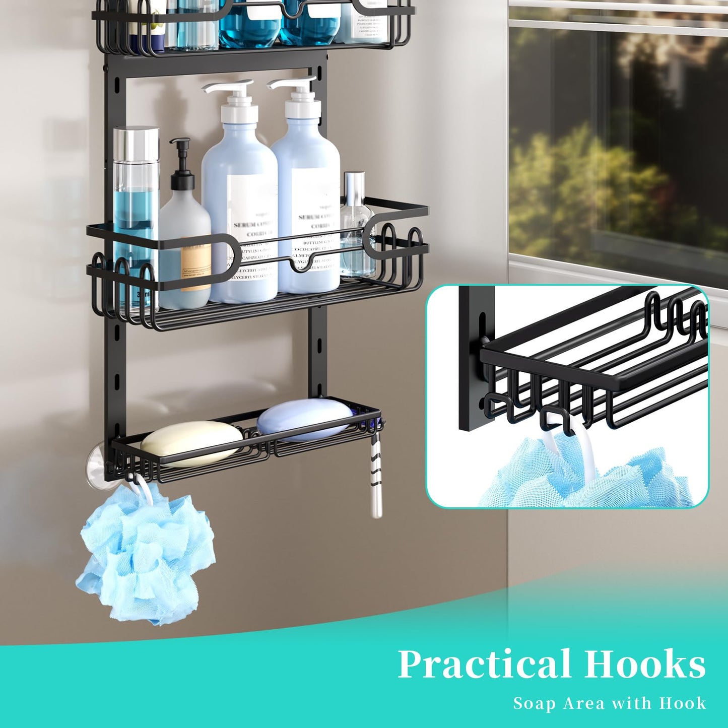 HapiRm Adjustable Shower Caddy Hanging - 4-Tier No Drilling Over The Door Shower Caddy, Rustproof Shower Organizer Hanging with 2 Soap Holders & 22 Hooks, Bathroom Shelves for Shampoo, Conditioner