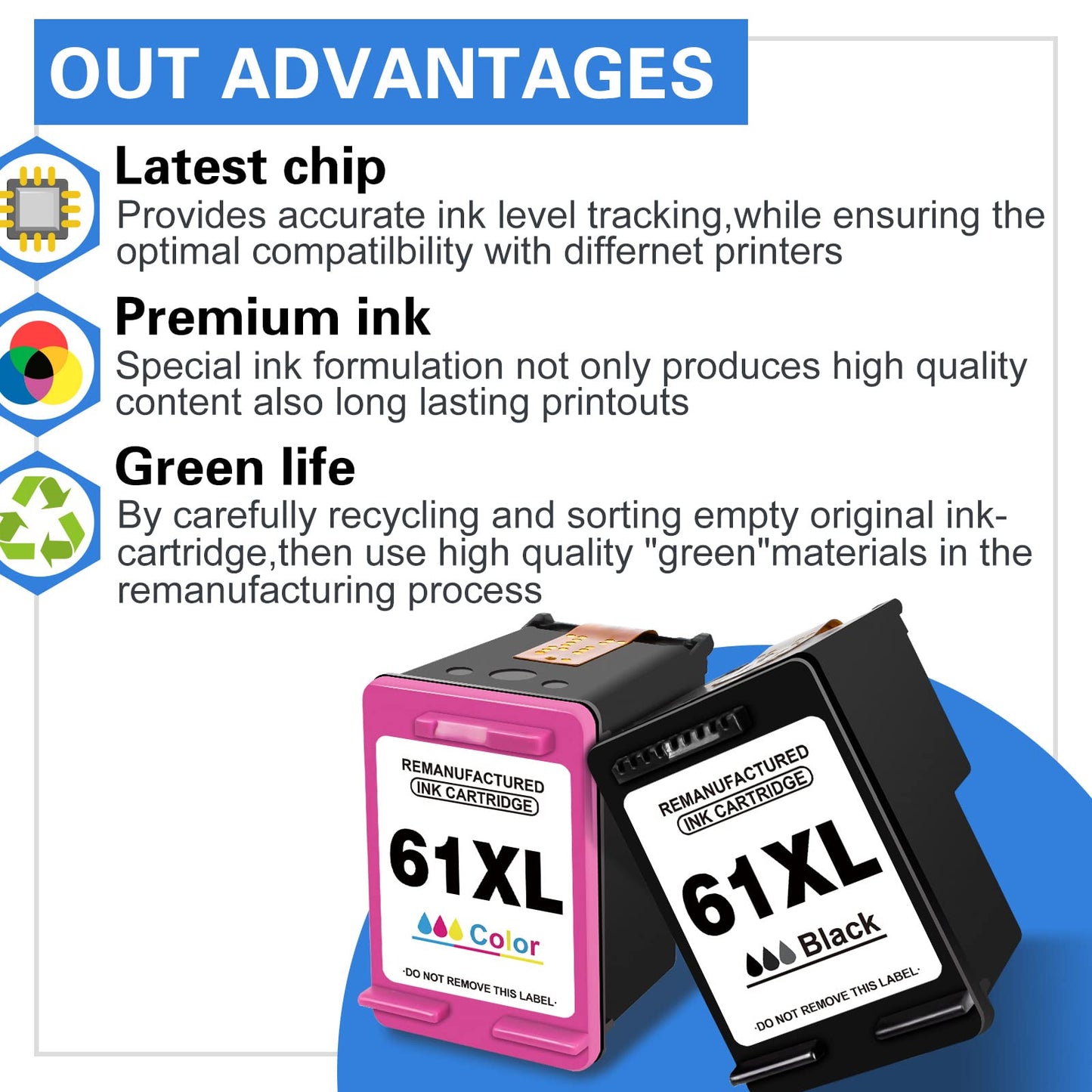 Jonity 61XL Ink Cartridges Replacement for HP 61 XL Ink HP61 Ink Cartridges for Printer Envy 4500 4502 5530 5534 officejet 4630 4635 Deskjet 3050A 1010 1512 3054 CR259FN (1 Black, 1 Tri-Color)