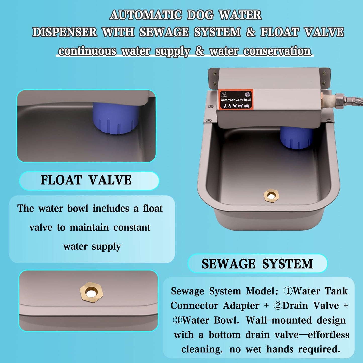 Boajf Automatic Dog Water Bowl, with Drainage System, Stainless Steel Auto Pet Waterer for Outdoor Yard, Includes Drain Valve, Float Valve, Hose Quick Connector, for Small Animal (1 Quart)