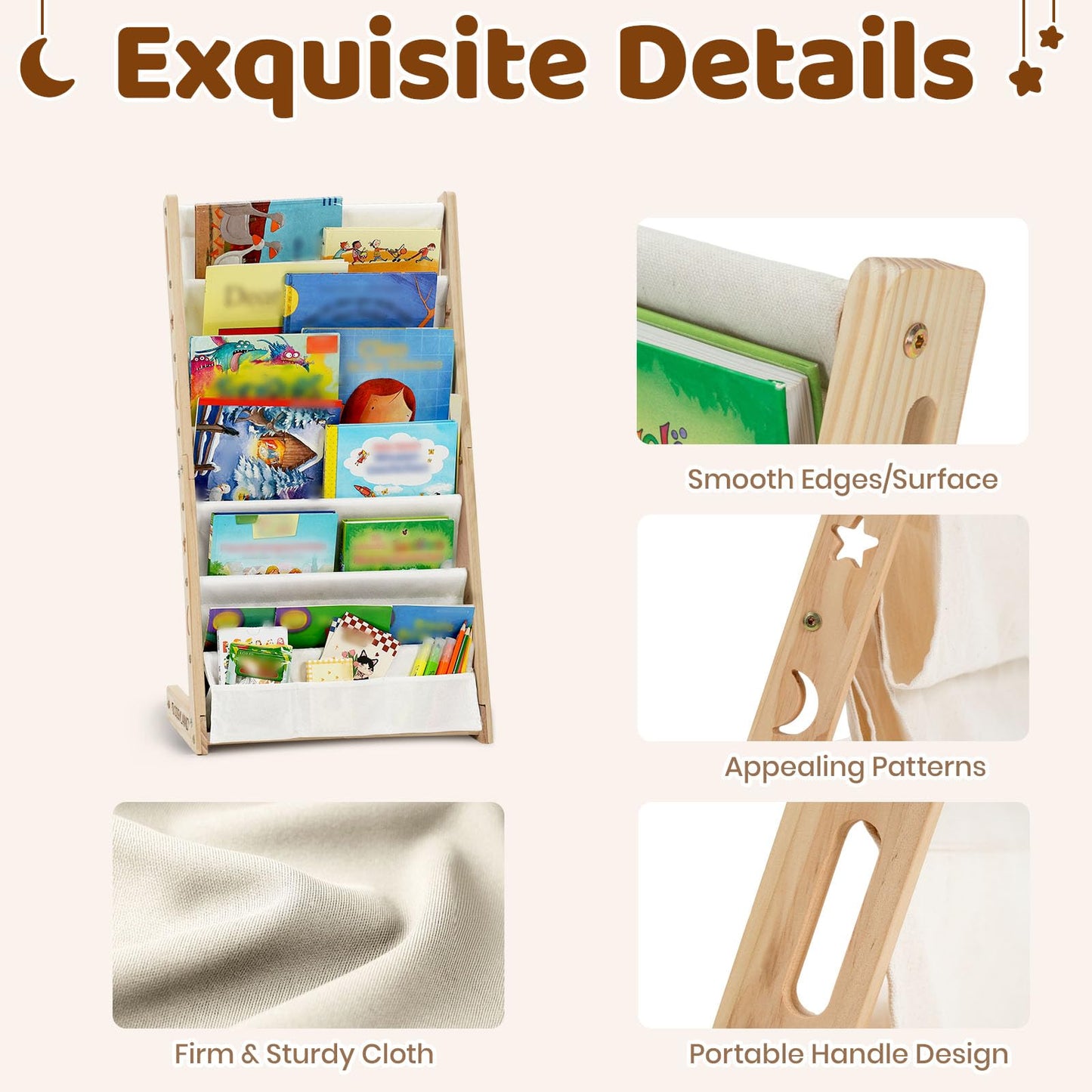 COSYLAND Fabric Book Shelf for Kids Rooms - 6 Tiers Nursery Book Shelves for Playroom Classroom - Bookcase Display Shelf for Toddler (Natural, 45 Cm Wide)