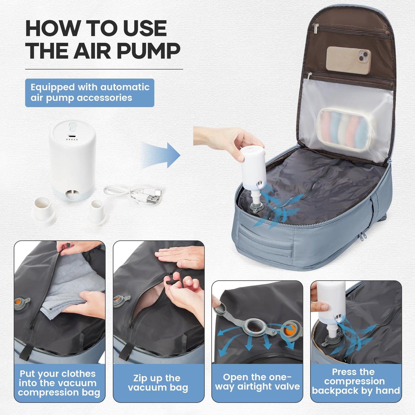 UPPACK Vacuum Backpack Travel with Pump Carry on Backpack Flight Approved Personal Item Travel Bag Airplane Compression Backpack for Travel with Vacuum System Blue