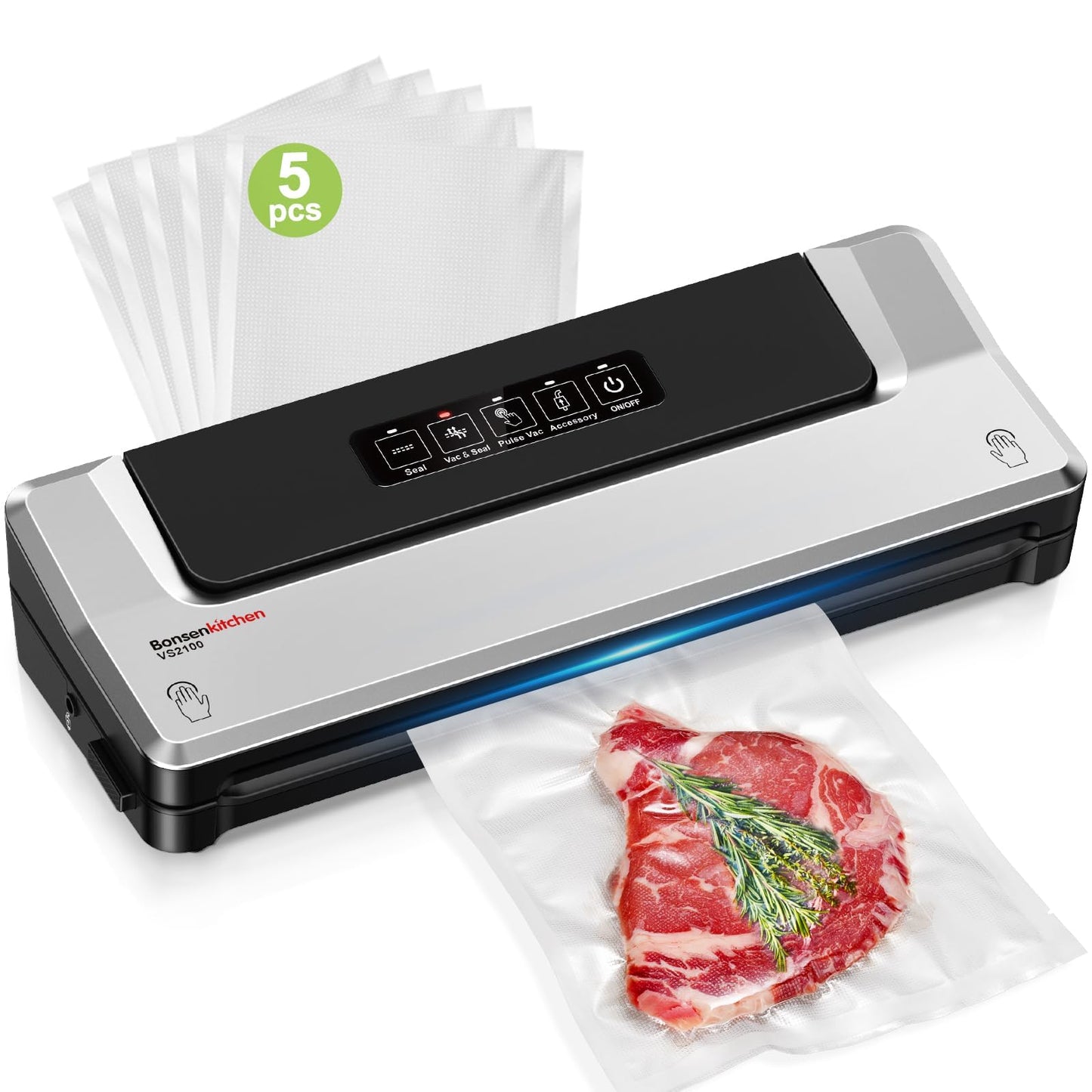 Bonsenkitchen Vacuum Sealer Machine, 90Kpa Powerful Food Sealer, Multi-Functional Food Vacuum Sealer with Vacuum Bags & Accessory Hose,Globefish Technology for High-Speed Continuous Working, Silver