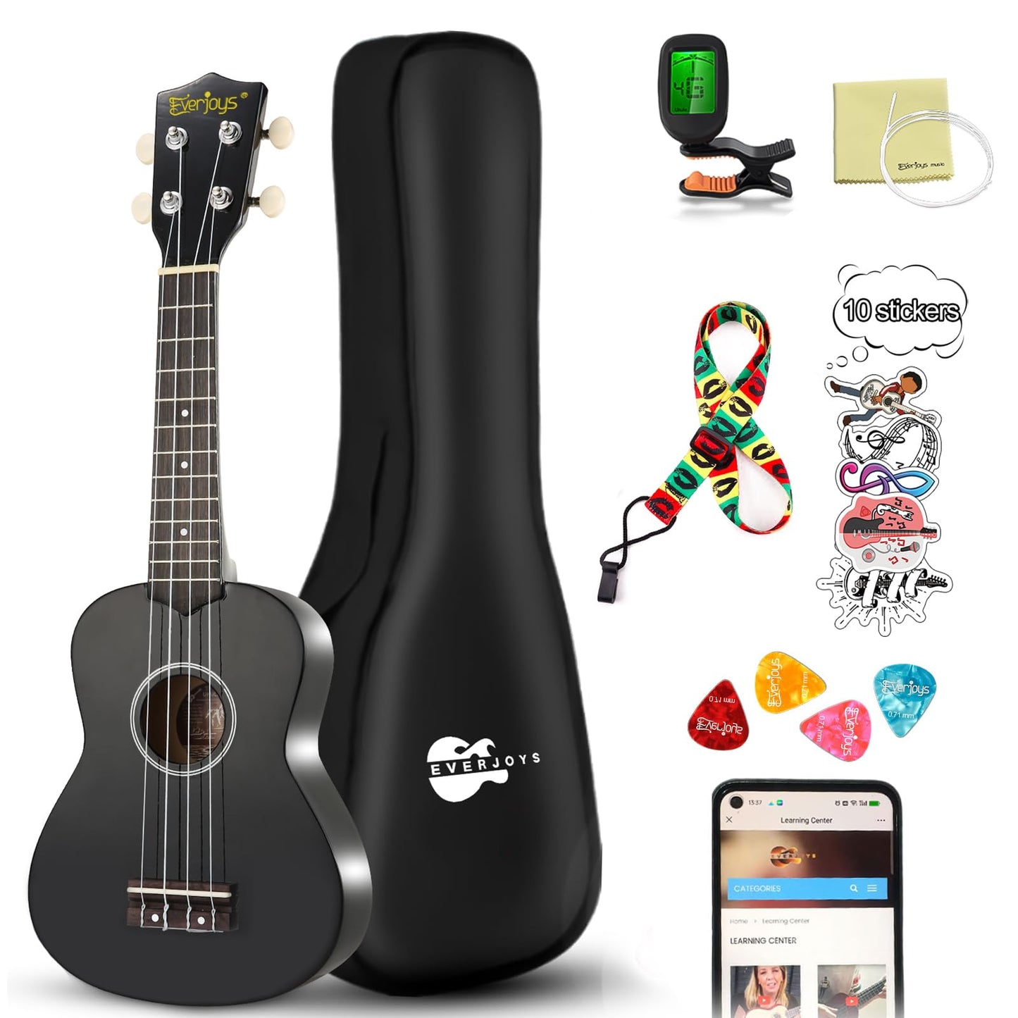 Soprano Ukulele Beginner Kit 21 Inch w/Free Online Lesson Gig Bag Tuner Picks Strap, Fast to Learn