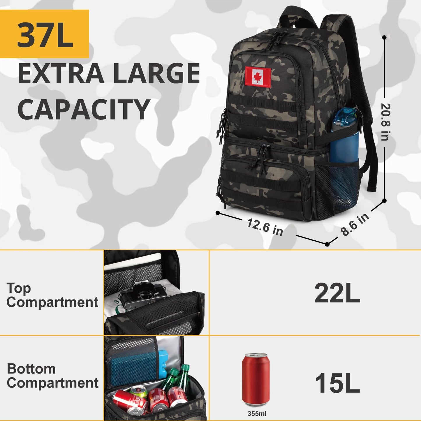 Tactical Double Deck Cooler Backpack for Men,Large Lunch Backpack with 2 Compartment,Soft Cooler Bag (Camo Black, X-Large)