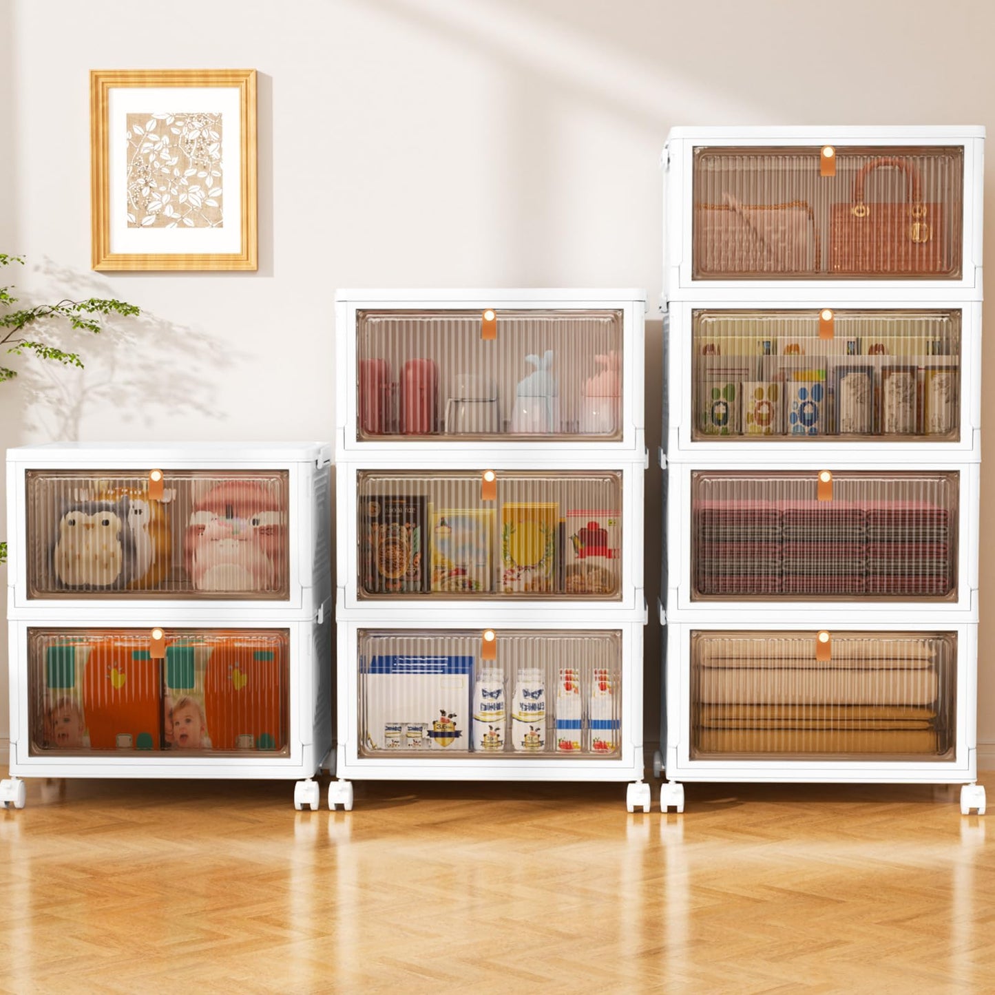 SNSLXH 4 Tier Plastic Storage Bins with Lid 23QT, Stackable Storage Containers with Wheels, Folding Storage Box, Stackable Storage Bins, Closet Organizers and Storage for Living Room,Office,Dorm