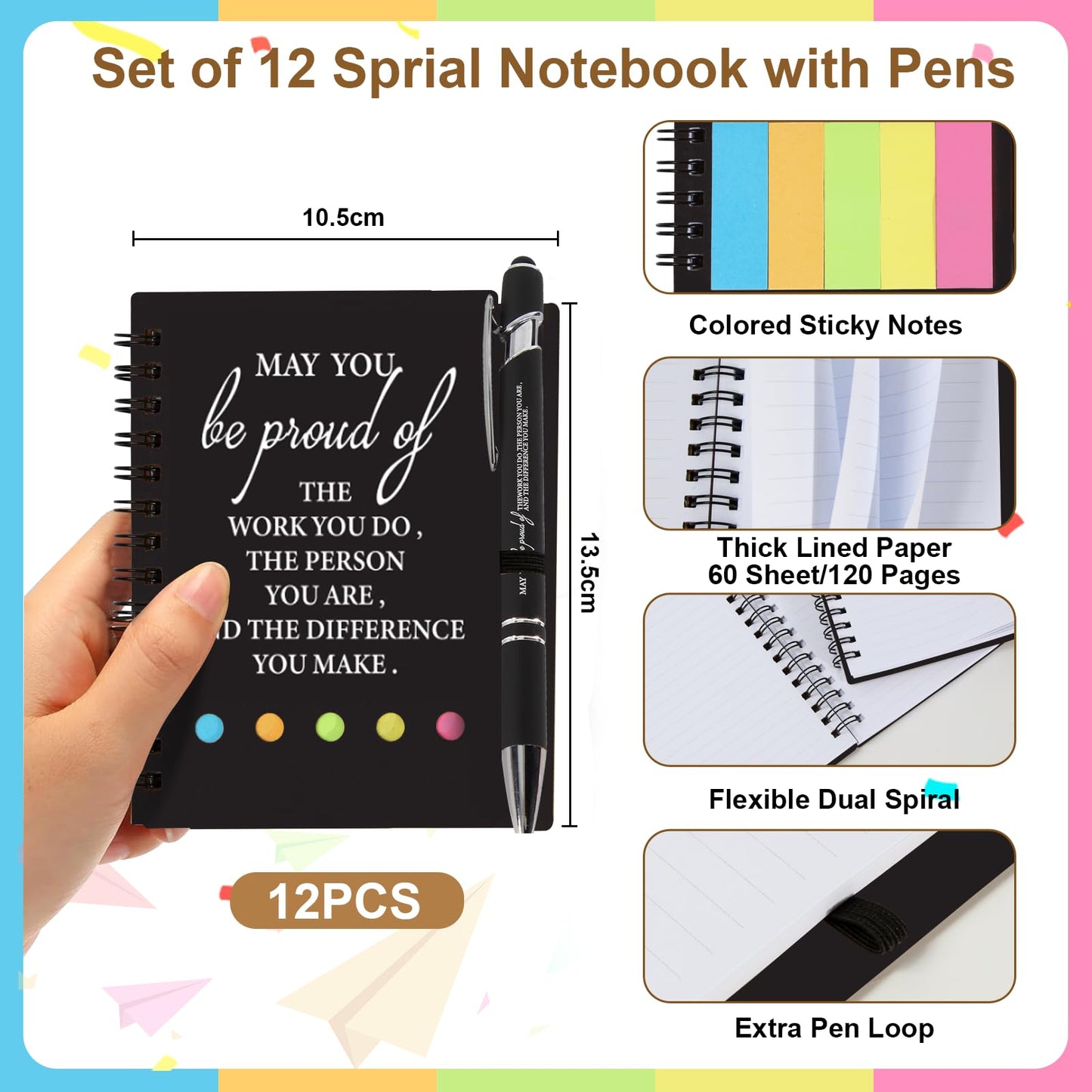12 Sets Thank You Gifts, Employee Appreciation Gifts, Inspirational Notebooks With Sticky,Inspirational Pens And Gift Bags,Mini Motivational Notebooks for Teacher Student Staff Volunteer Gifts