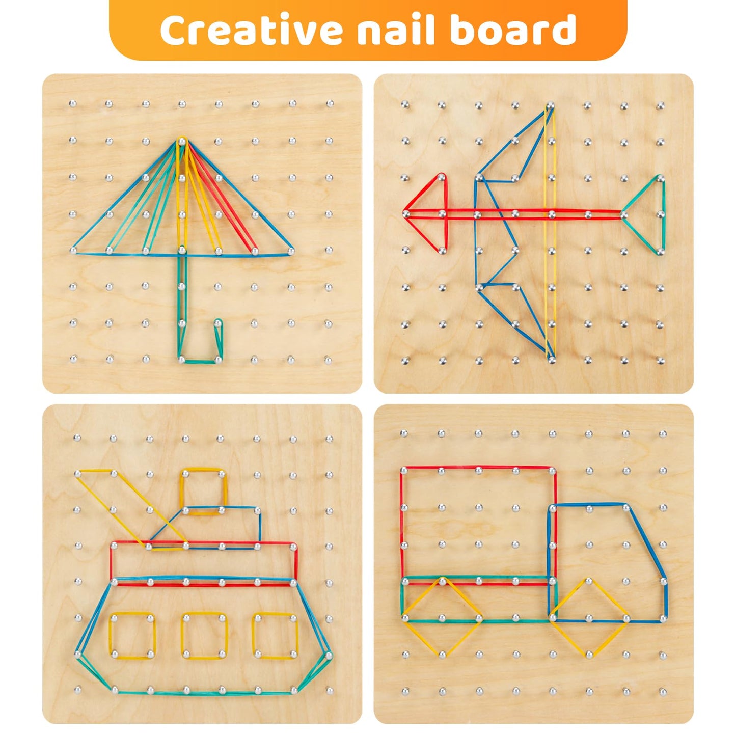HEELWIRE 2Pack Wooden Geoboard,Montessori Toy,Graphical Mathematical Education Toy for Kids with Pattern Cards and Rubber Bands to Figures and Shapes, Brain Teaser STEM Toy Geo Board.