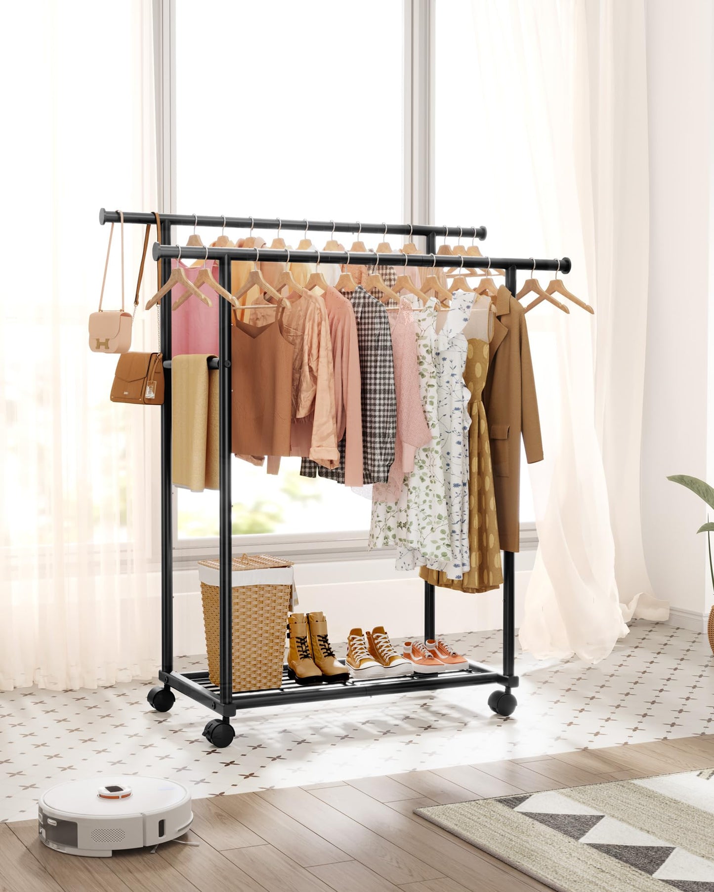 Sakugi Clothing Rack - Double Rod Coat Rack with Fixed Extension Bar, Built-In Mesh Shelf & Lockable Wheels, Multi-Purpose Clothes Rack for Bedroom, Laundry, Entryway, 98cm x 42cm x 150cm, Black