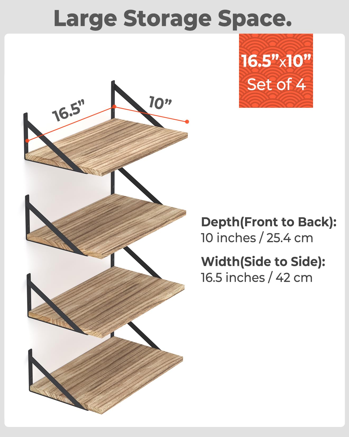 Greaittle 10 Inch Deep Floating Shelves, 16.5" x 10", Set of 4, Natural Wood Floating Book Shelves for Bedroom, Living Room, Rustic Wall Shelves for Books, Plants and More, Burnt Wood Finish